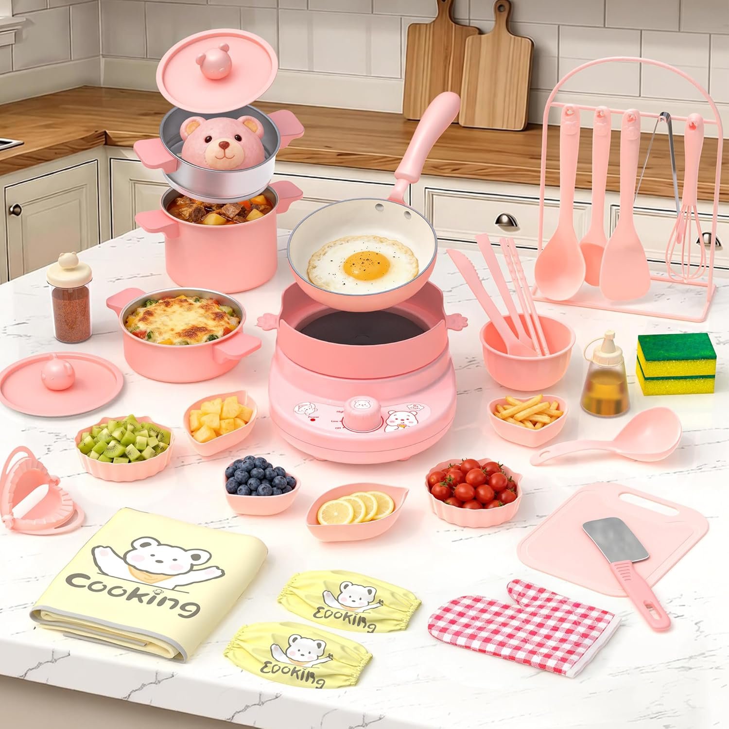 Kids Cooking Set Real for Mini Kitchen, Safe Kids Knife Set & Stove Burner, Montessori Cooking Toys for Boys Girls Ages 8-12, Beginner Friendly Food Making Kit (Pink)