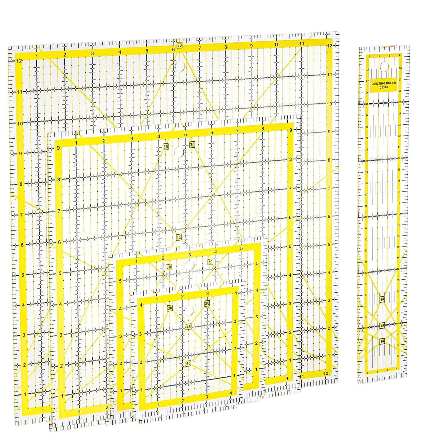 Set of 5 Acrylic Quilting Rulers, Square Fabric Cutting Ruler Acrylic Quilter Rulers Clear Mark with Double Colored Grid Lines for Easy Precision Cutting, Quilting, Sewing & Crafts Template