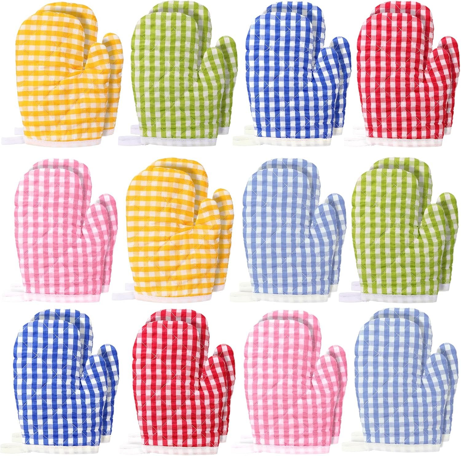 Uiifan 12 Pairs Oven Mitt for Kid Heat Resistant Kitchen Mitt Checkered Oven Mitten for Safe Baking Cooking BBQ Microwave Grilling