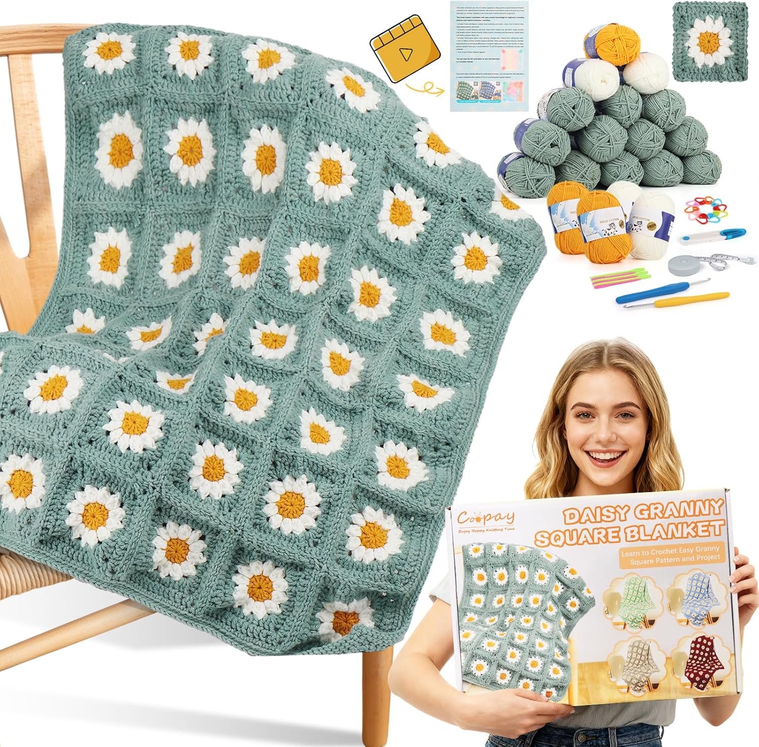 Coopay Crochet Kit for Beginners, Crochet Starter Kit for Blanket, Granny Squares Video Instructions, Easy to Learn Knitting for Beginner