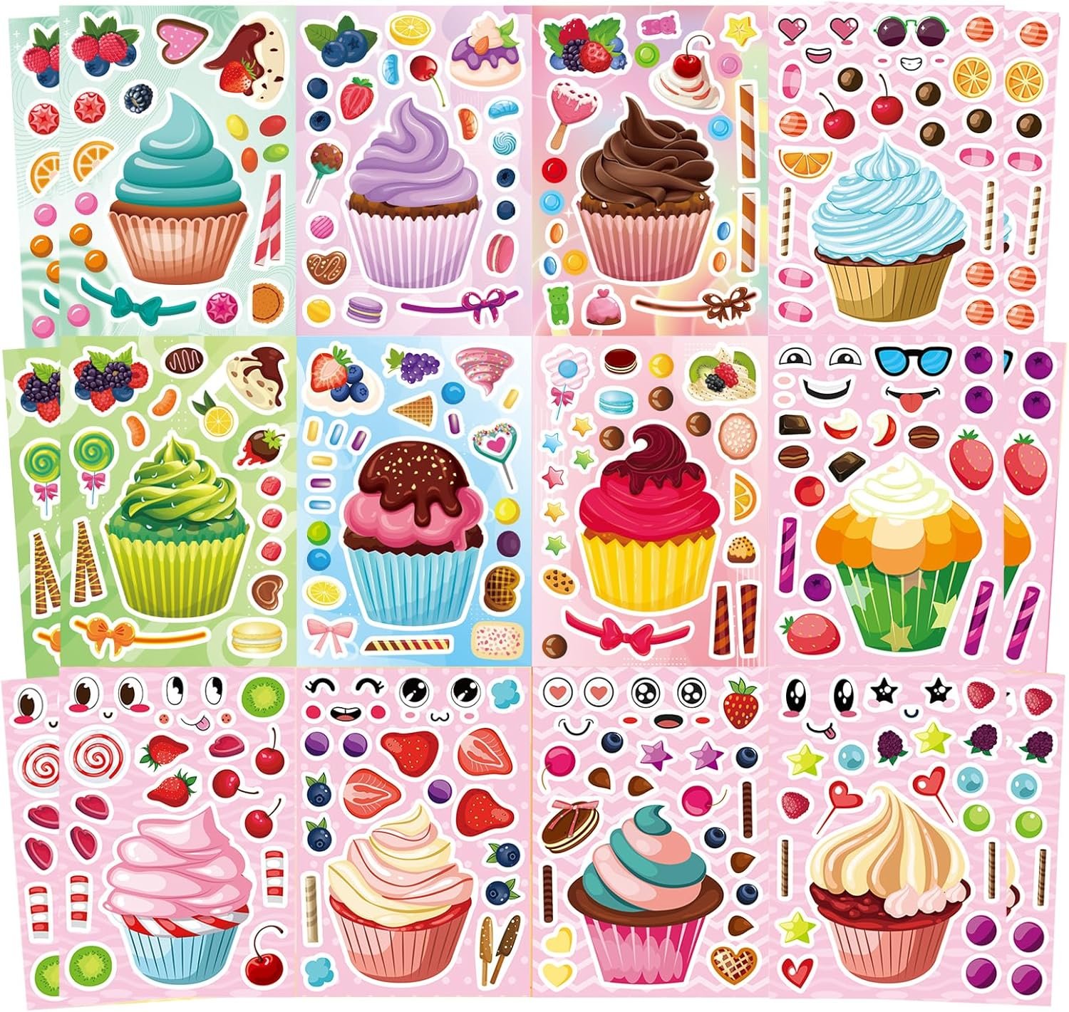 24 Sheets Make Your Own Cupcake Stickers for Kids – Make-a-Face Sticker, Dessert Stickers Mix and Match Sweets Fruit & Teacher Reward Supplies, Birthday Gifts