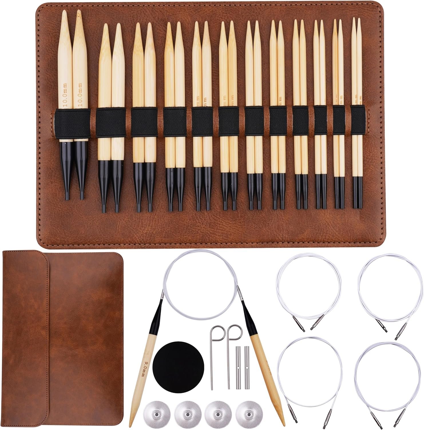 WAZAIGUR Interchangeable Bamboo Circular Knitting Needles Set with Case Sizes 3.5mm, 3.75mm, 4mm, 4.5mm, 5mm, 5.5mm, 6mm, 6.5mm, 7mm, 8mm, 9mm, 10mm, 12 Pairs, 4 Cables