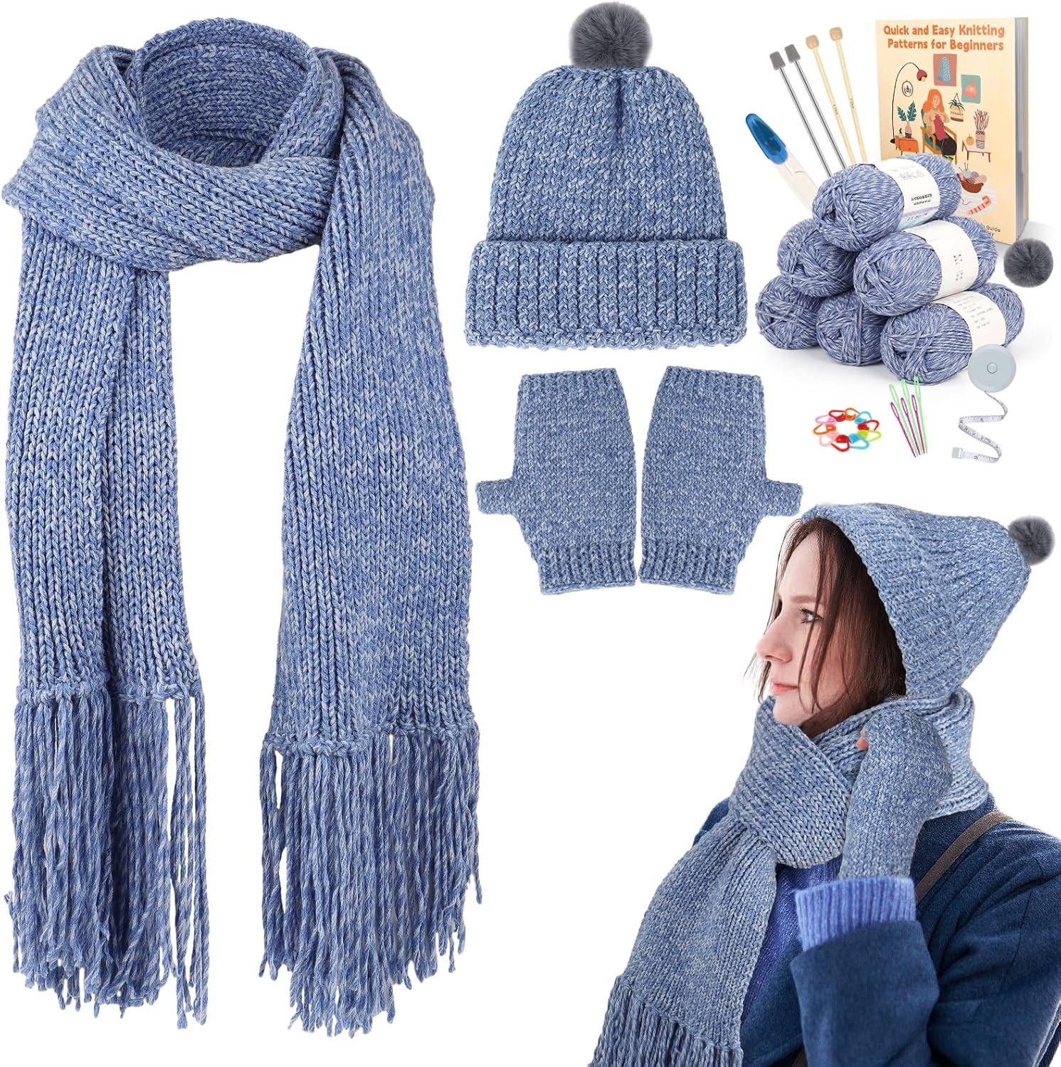 Coopay Knitting Kit for Beginners, Complete Knitting Kits Learn to Knit Hat Scarf Glove, Knitting Starter Kit for Adults W/Yarn, Knitting Set W/Step-by-Step Instruction Tutorial, 4PCS Knitting Needles