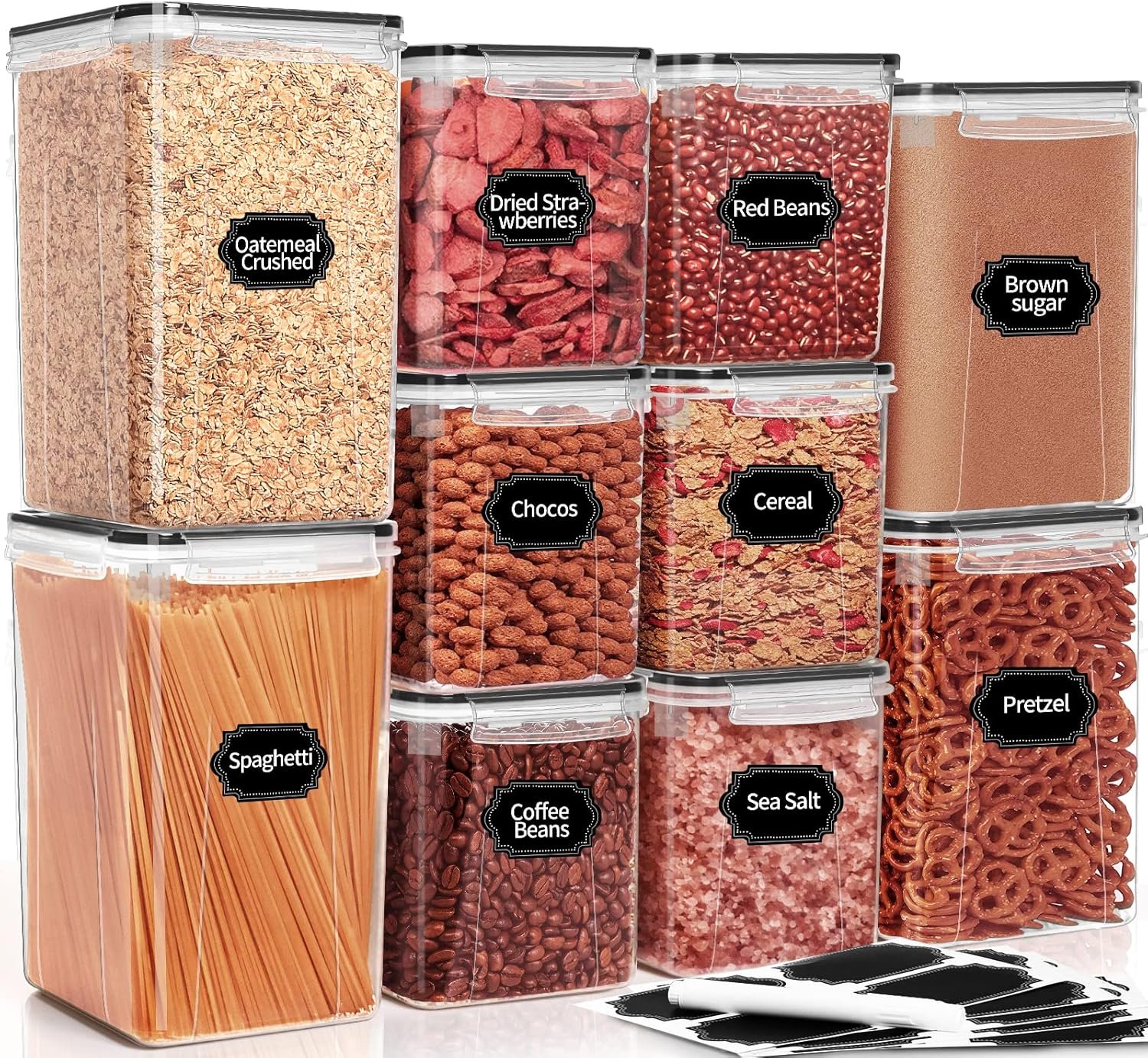 PRAKI Large Airtight Food Storage Containers with Lids, 10PCS Plastic Cereal Storage Containers, Kitchen & Pantry Organizers and Storage for Sugar, Flour, Baking Supplies with Lables & Mark