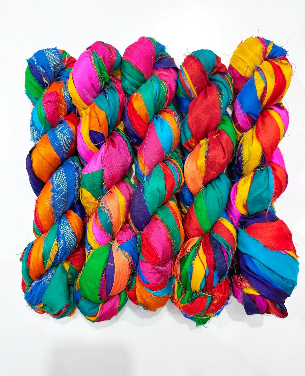 Maker’s Craft Recycled Vintage Multicolor Sari Silk Ribbon Yarn 50 Yards, 100 Grams For DIY Christmas Decoration, Knitting Crocheting Gift Wrapping, Macrame Makers, Jewelry Making Hooking (Multicolor)