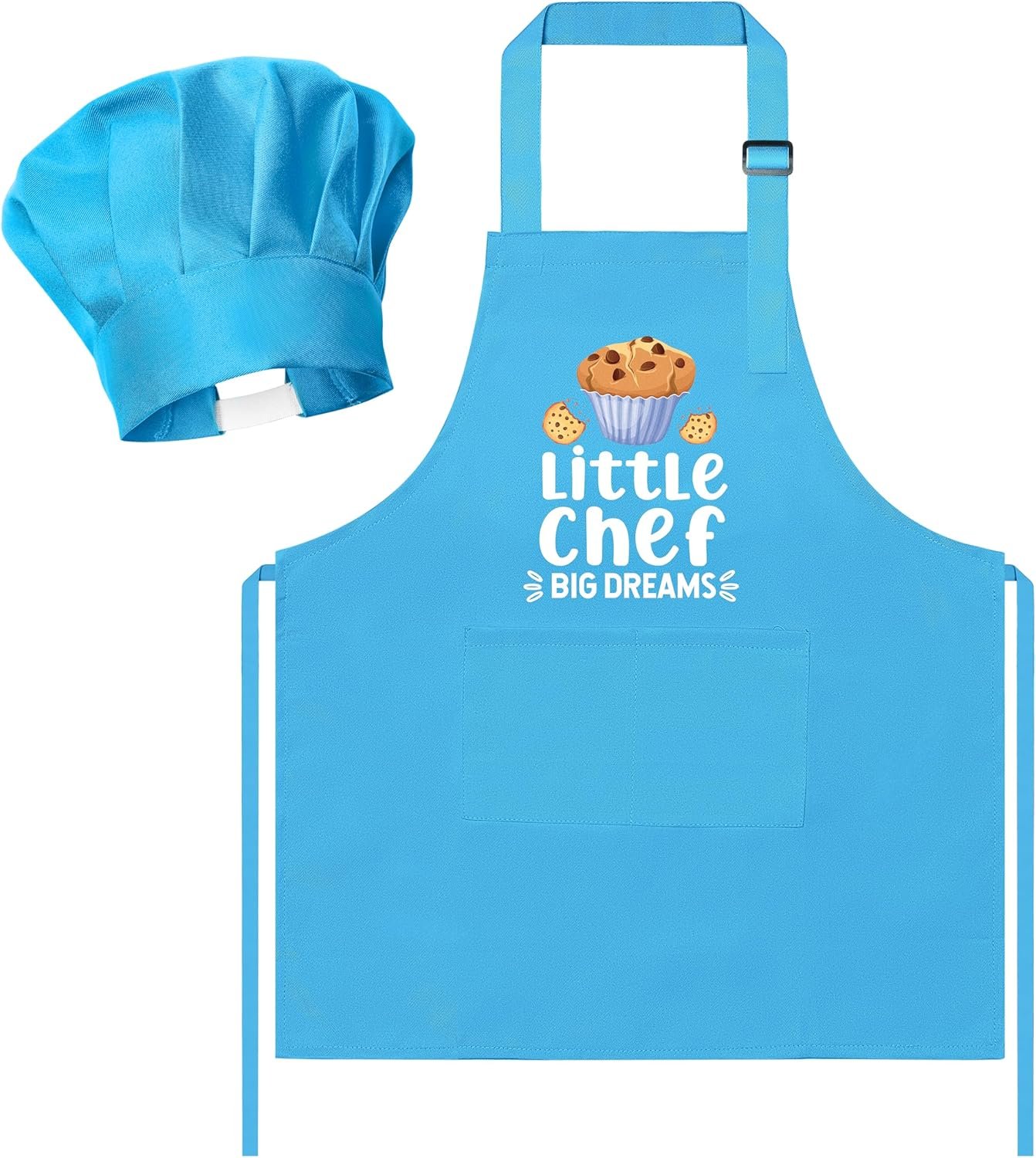 R HORSE Kid Apron and Chef Hat Set – 2Pcs Blue Little Chef Adjustable Children Kitchen Toddler Apron with Pockets for Kids, Funny Dress up Pretend Play Toy Birthday Gift for Cooking Baking Painting