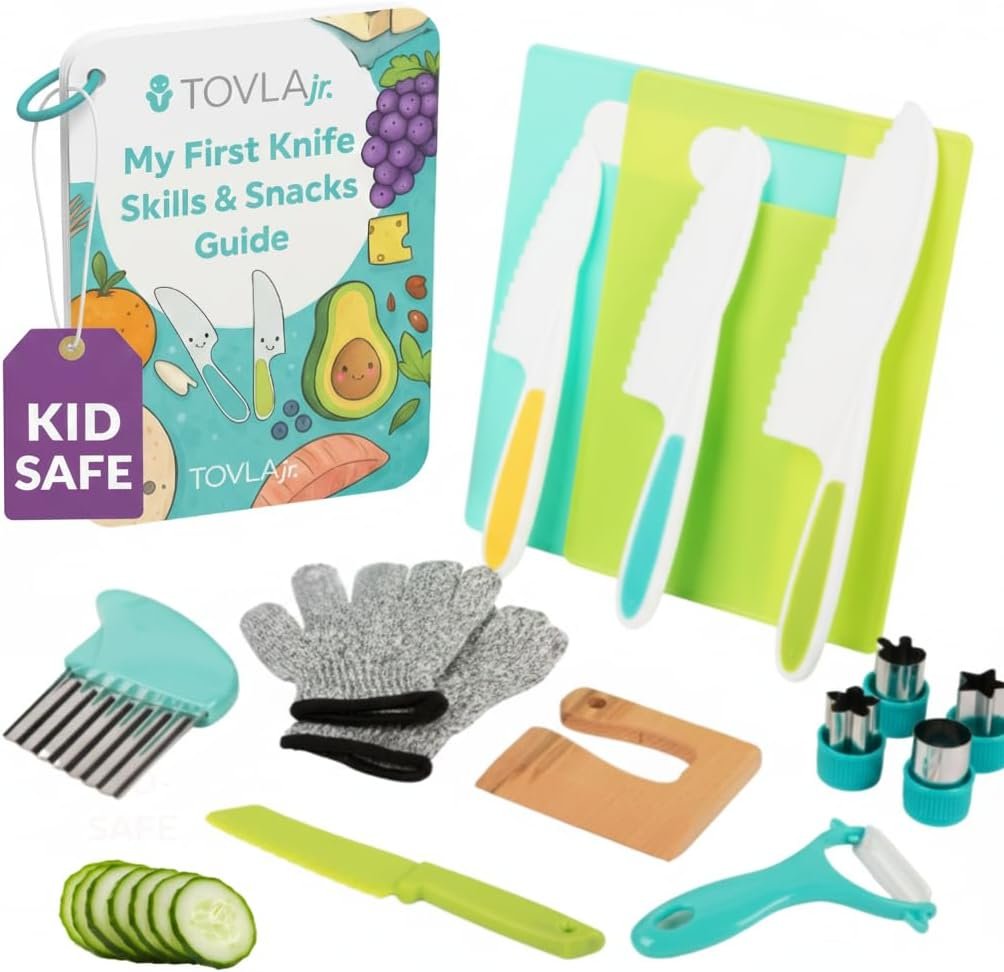 Toddler Safe Knife Set with Recipe Book – Includes Peeler, Cutting Board, and Chopper – Real Kitchen Tools for Kids Ages 4-12