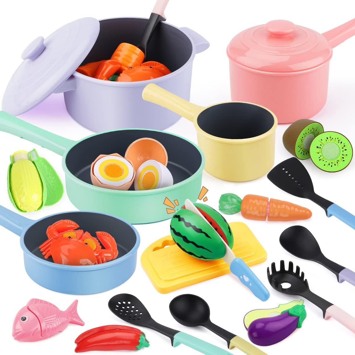 GILOBABY Kids Play Kitchen Accessories – Complete Cooking Toy Set with Pots, Pans & Utensils for Toddlers 1-3, Learning Educational Pretend Play Gift for Girls (Pink)