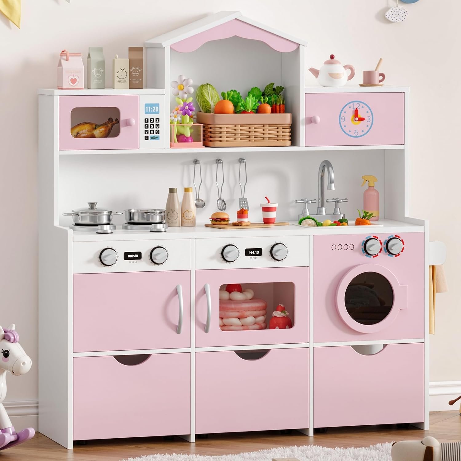 Wooden Play Kitchen for Kids and Toddler, Montessori Toy Kitchen Playset with Plenty of Pretend Play Features and Storage Drawers, Gift for Boys and Girls, Pink