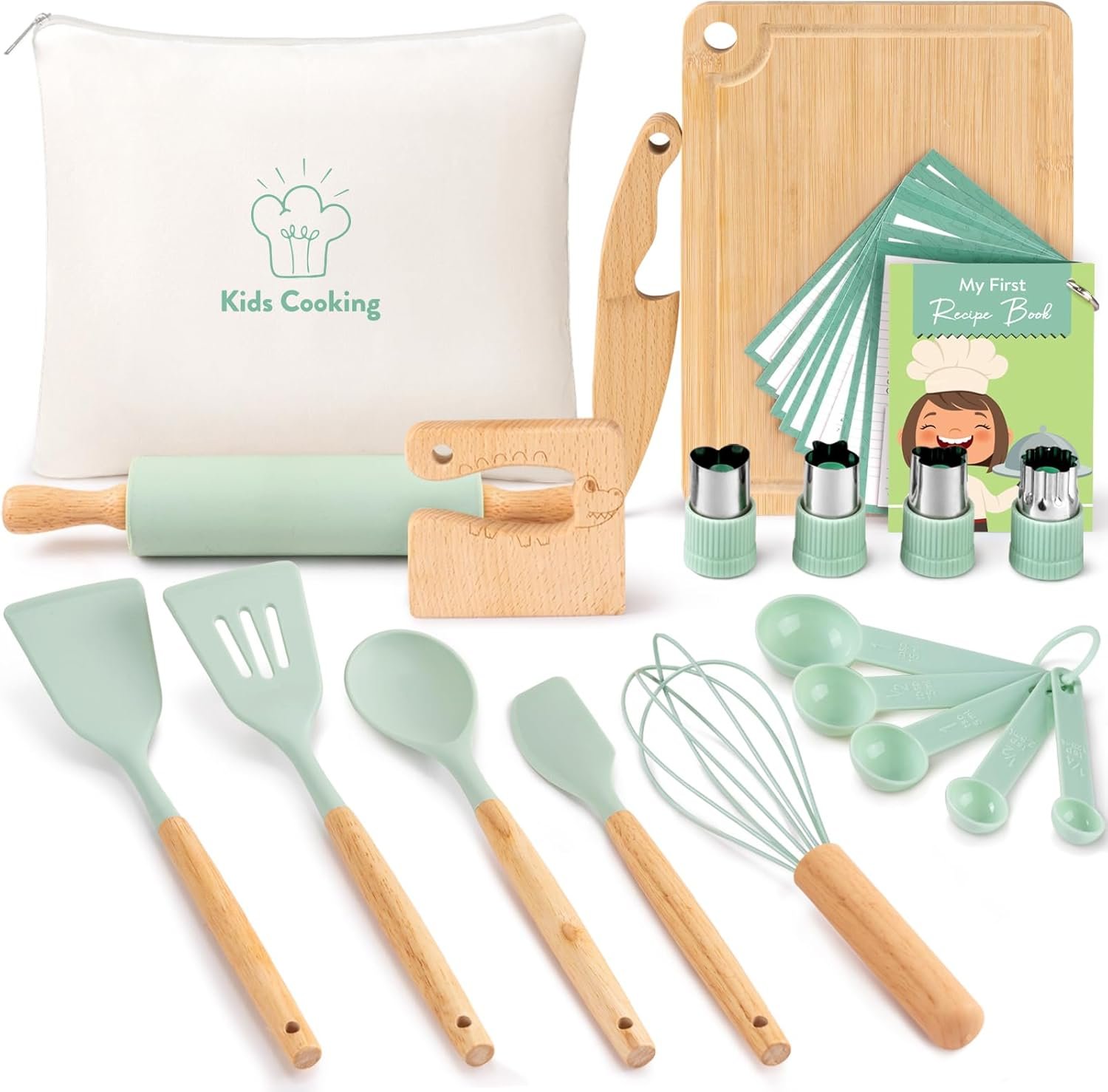 Kids Cooking Sets Real, Wooden Kids Cooking and Baking Gift Set with Kid Safe Knives Cutting Board Friut Cutter Cookbook, Toddler Montessori Kitchen Toys Birthday Gifts for Girls Boys