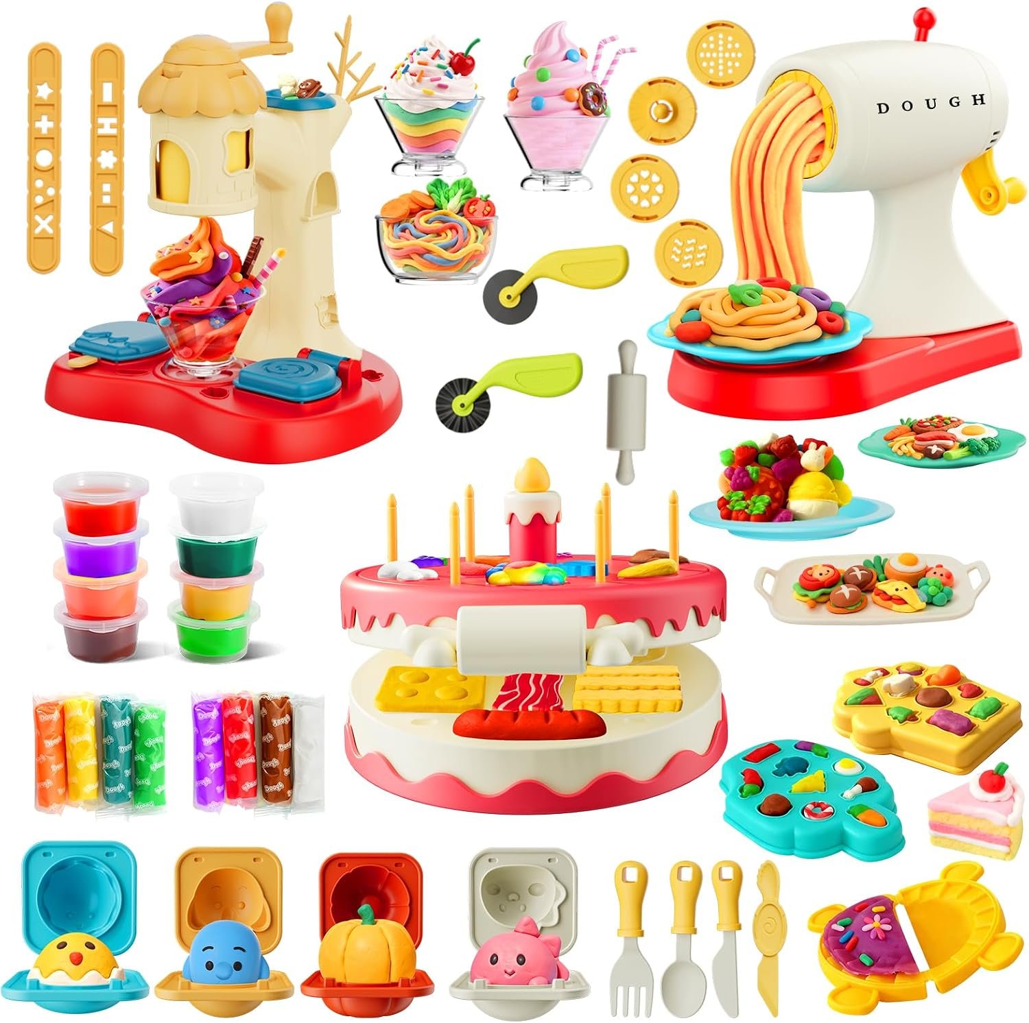 4 in 1 Color Dough Sets for Kids Ages 4-8,Kitchen Creation Toys with Ice Cream Maker,Noodle Maker,2-in-1 Hamburger&Cake Maker,Christmas Birthday Gifts for Boys Girls (16 Colorful Dough)