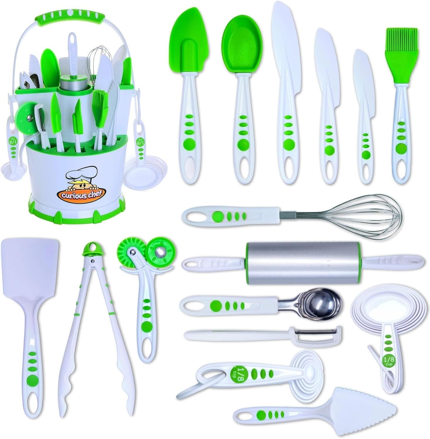 Curious Chef Kids Cooking Utensil Caddy – Durable Dishwasher-Safe & Kid-Safe Utensils – Real Baking Supplies & Kitchen Tools for Budding Chefs – Complete Cooking Tool Set – White/Green, 30 Piece Set