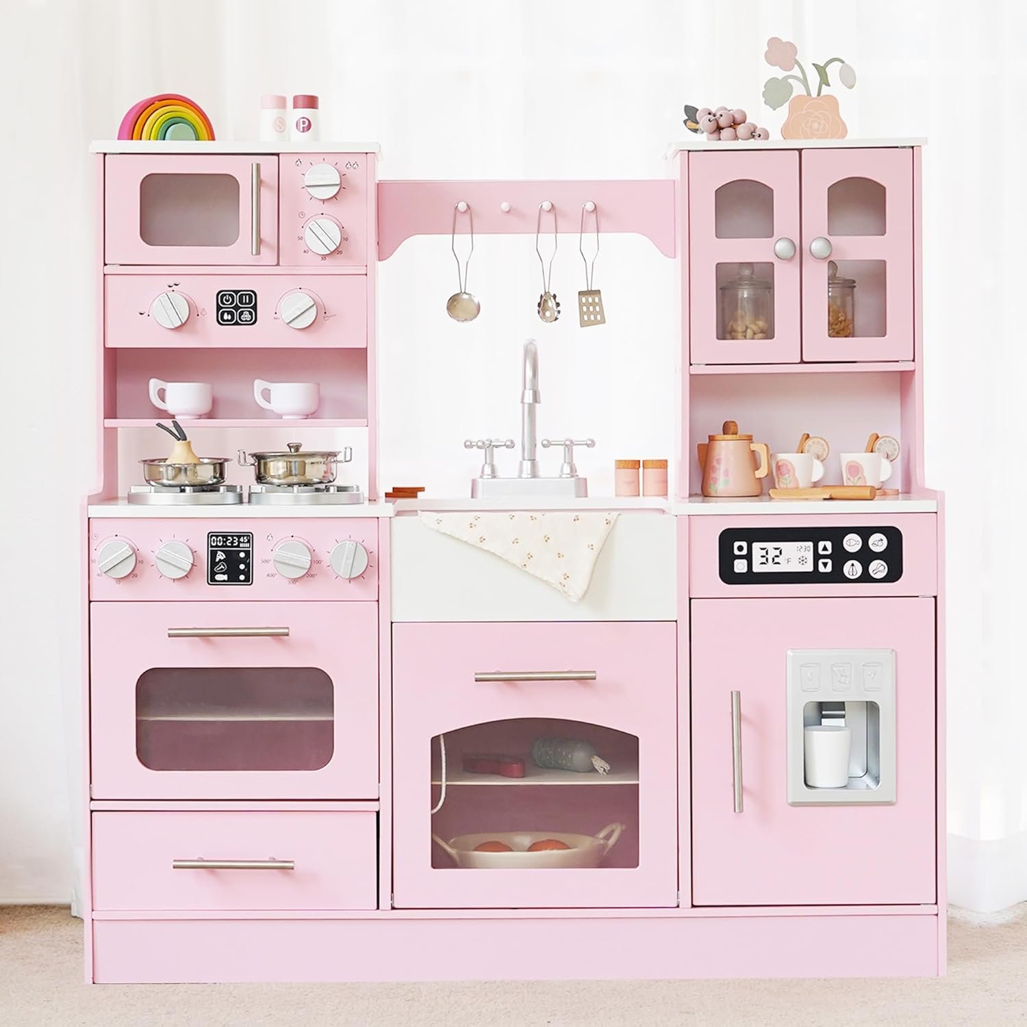 Wooden Play Kitchen for Toddlers and Kids with Lights & Sounds, Large Interactive Pretend Play Set with Ice Maker, Stove, Sink, Oven, 12 Accessories – Ages 3-8