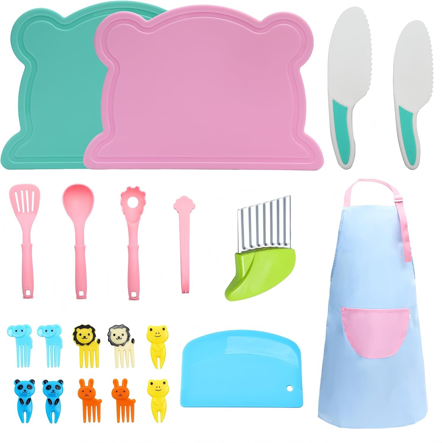 Kids Knife Set for Real Cooking 21 PCS Toddler Knife Set with Cutting Board, Crinkle Cutter, Cake Sscrapers,Apron,Serrated Edges kids kitchen knife set
