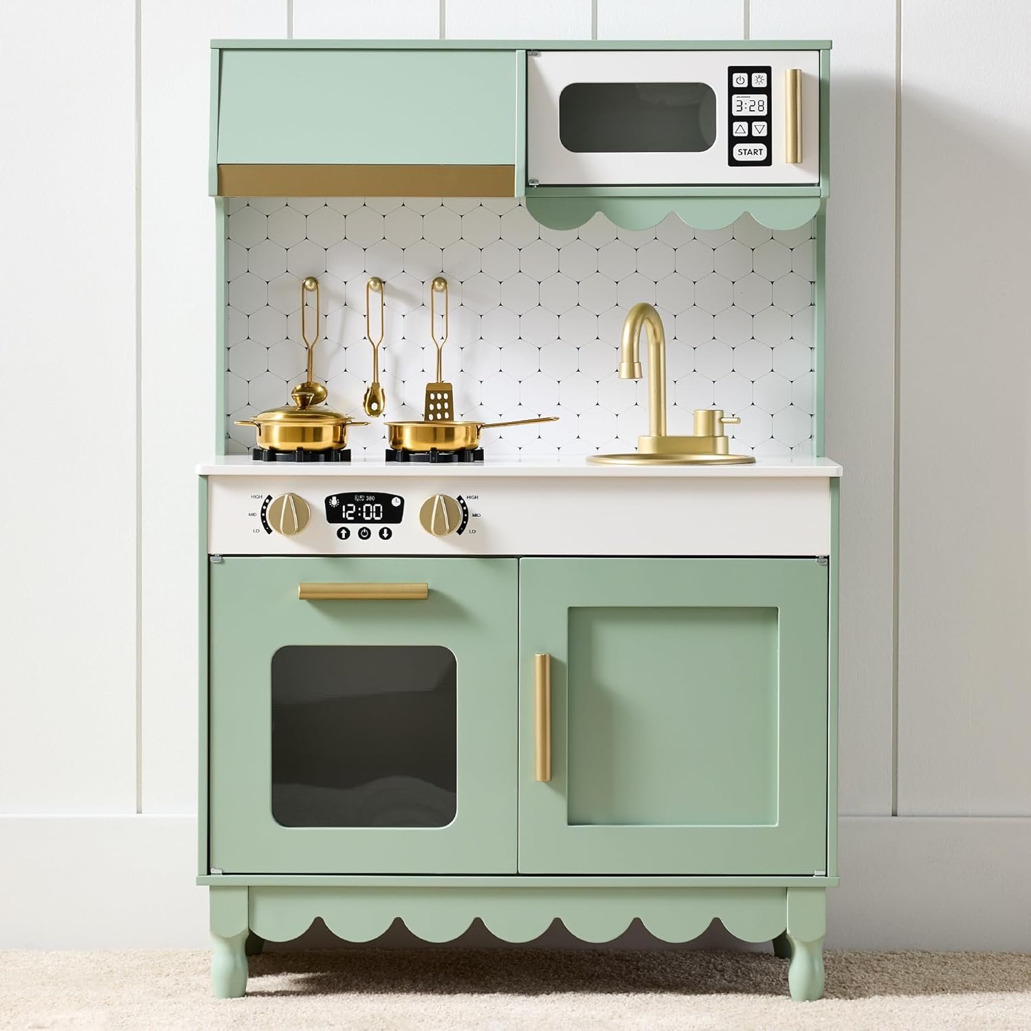 Best Choice Products Toddler Kitchen Playset, Wooden Cottage Kids Play Kitchen with 5 Accessories, Toy Storage, Scalloped Edge, and Pretend Play Microwave, Oven, Clicking Knobs – Sage
