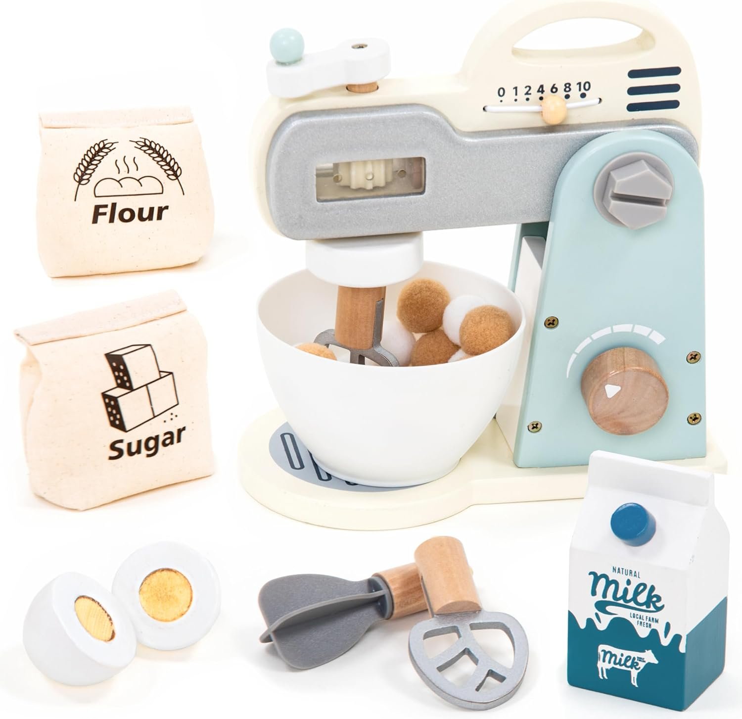 UMU® Wooden Mixer Play Set – 10 Pcs Kids Baking Toy with Mixing Bowl Whisk Ingredients & More – Pretend Kitchen Play Food Set for Little Chefs Ages 3 4 5
