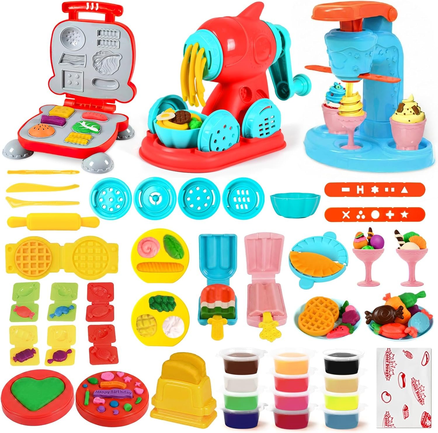 SOCBTNSO 3 in 1 Dough Sets 59 PCS for Kids Ages 4-8, Dough Tools Kit with Ice Cream Noodle Hamburger Maker Machine, Kitchen Creations Art Crafts Food Play Toys for Boys Girls Kids Toddlers Ages 3+