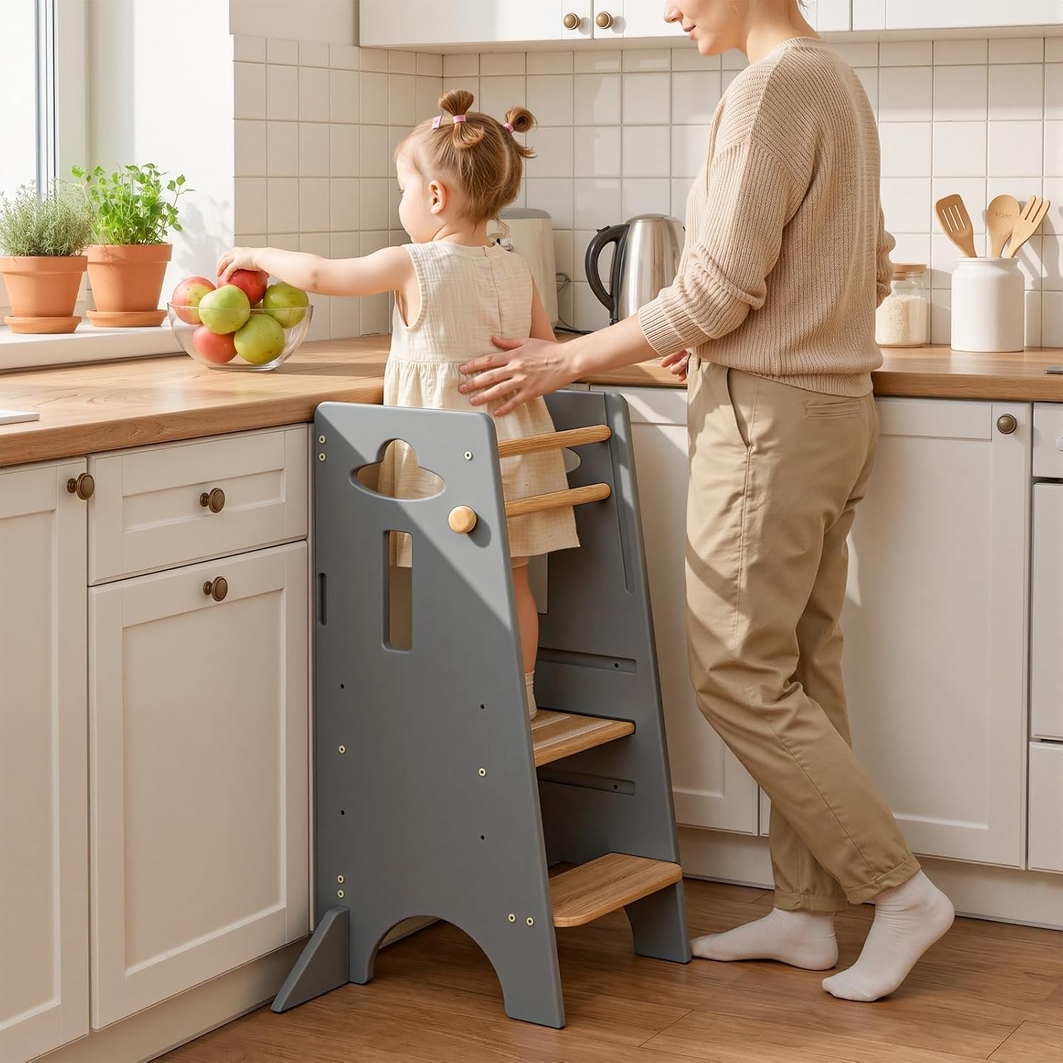 COSYLAND Adjustable Toddler Standing Tower Stable Toddler Step Stool | 4 Stabilizing Blocks – 3 Levels Height Adjustable Kids Kitchen Stool Helper (Natural & Light Gray)