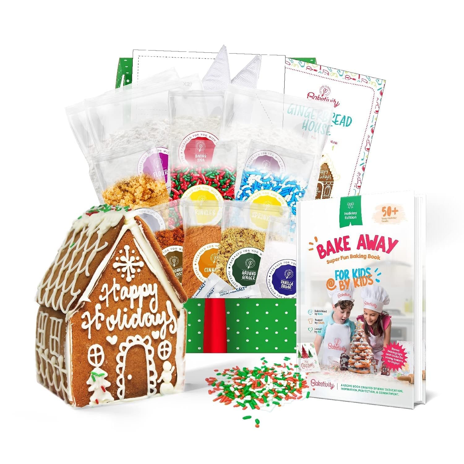 Baketivity Holiday Gingerbread House Kit And Kids Cookbook – Bake And Build Edible Gingerbread House – Kids Baking Set With Materials And Premeasured Ingredients