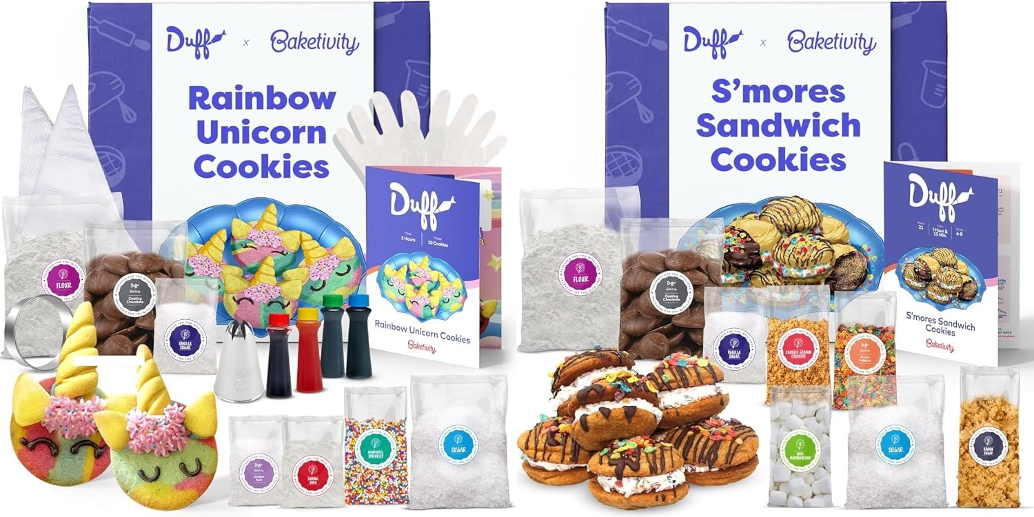 Baketivity Baking Kit Bundle – Unicorn Rainbow Cookies & S’mores Sandwich Cookies by Duff Goldman – DIY Kids Baking Set with Pre-Measured Kosher Ingredients, Decorating Supplies, STEM Activities – Age