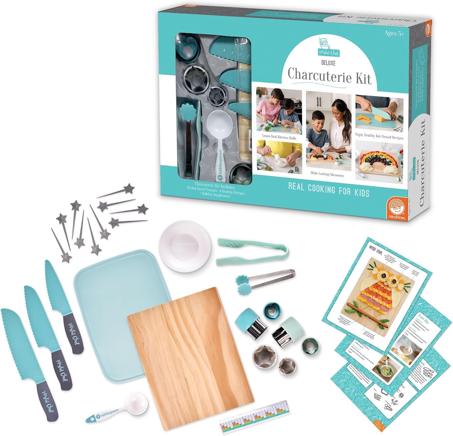 MindWare Playful Chef: Deluxe Charcuterie Kit Real Kids Cooking Set – 25 Kids Cooking Utensils Including Safe Knife Set, Charcuterie Board, Cutting Board – Ages 5+