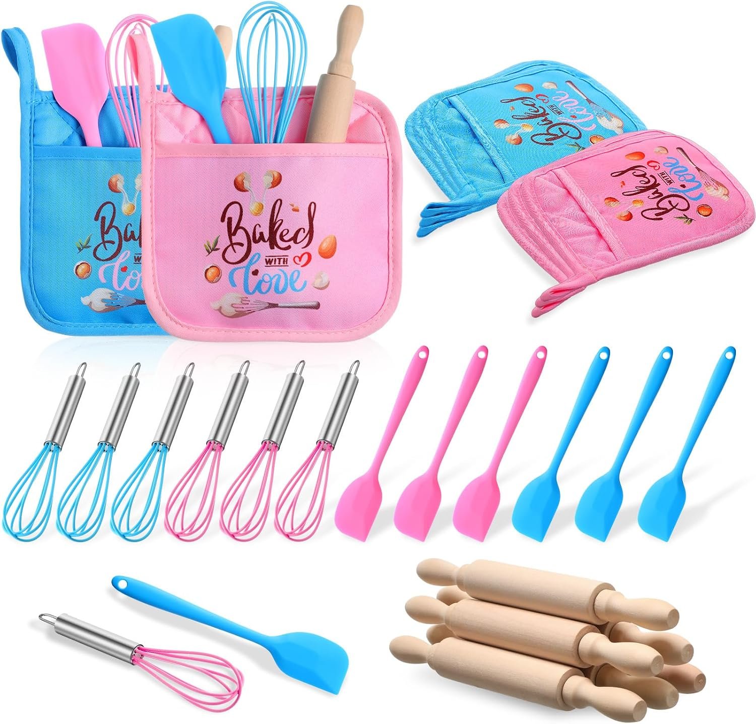 RoundFunny 24 Pcs Kids Mini Baking Supplies with Kitchen Utensil, Pot Holders, Spatula, Rolling Pin, Whisk for Kids Classroom School Exchange Party Favors (Medium)