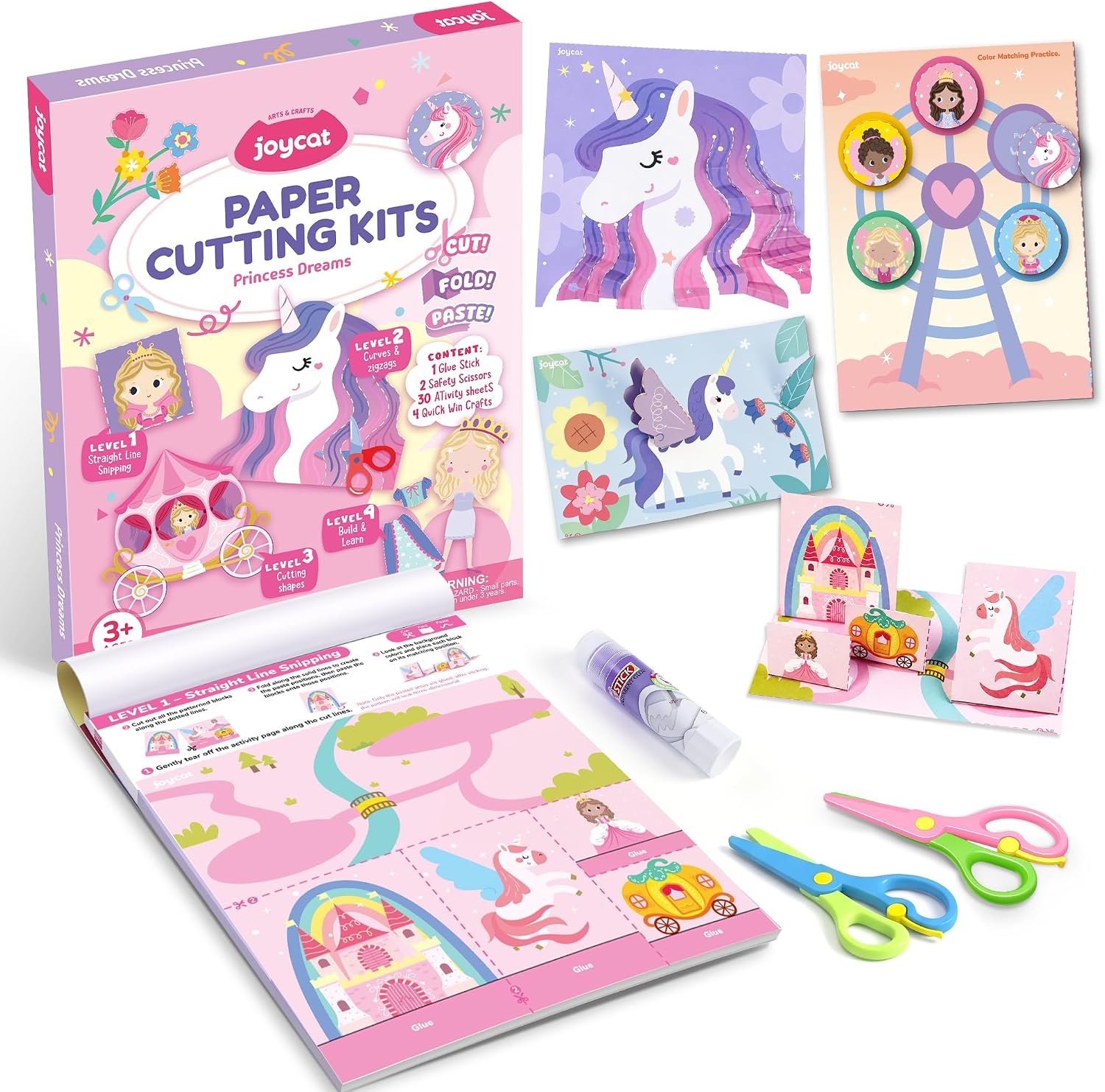 JoyCat Paper Cutting Kits for Kids Ages 3-5, Princess Dreams Scissor Skills Activity Book with 2 Safety Scissors, 30 Activity Sheets, 4 Quick Win Crafts, Glue Stick, Preschool Craft Set for Girls