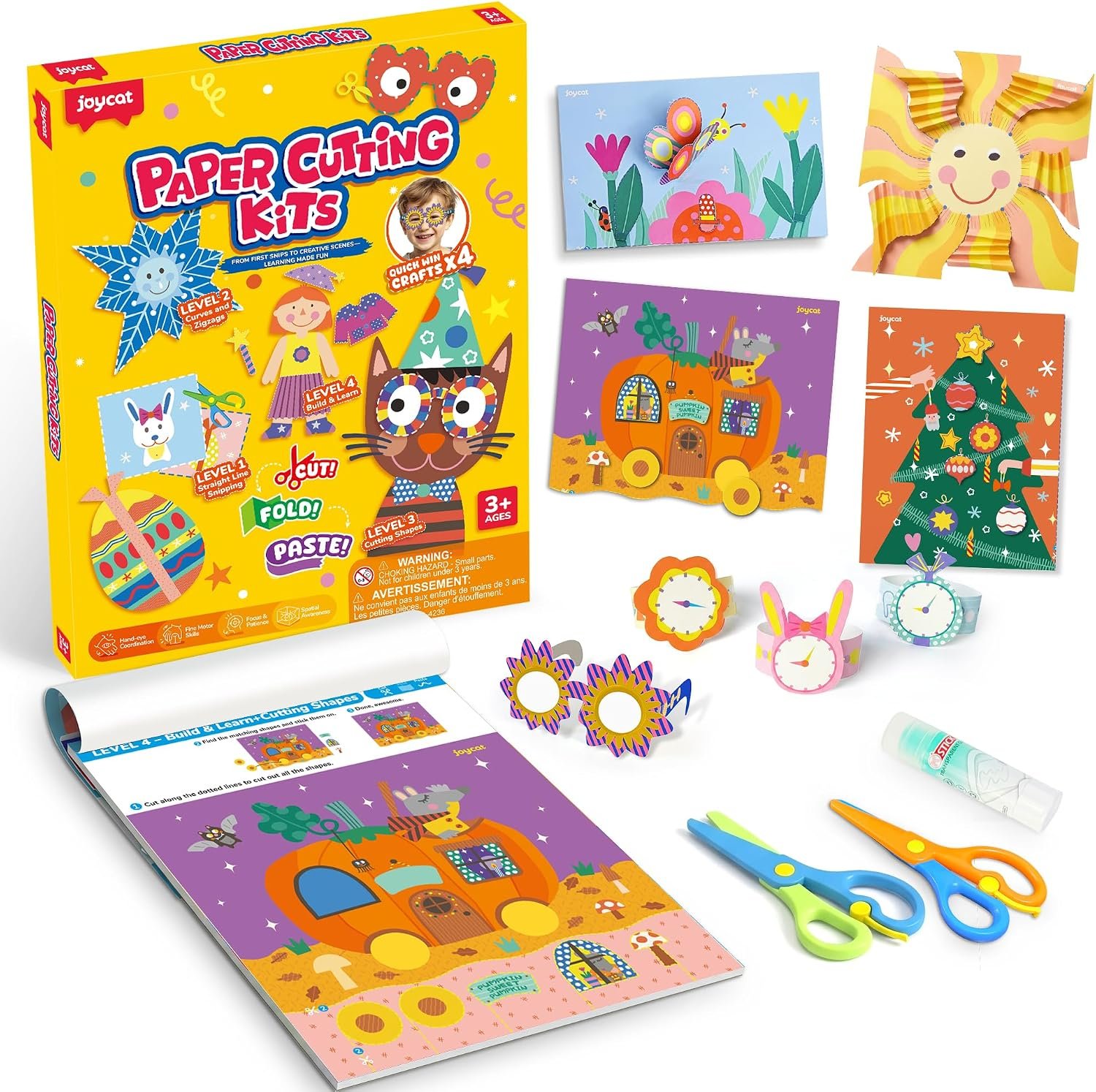Toddler Holiday Scissor Skills Activity Book for Kids Ages 3-6, 34 Festive Crafts (Christmas, Halloween, Easter), 4-Level Progressive Cutting Kit with Safety Scissors & Glue Stick, Fine Motor Toy Gift