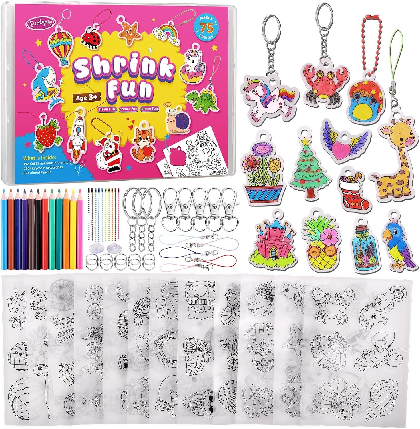 Funtopia Shrinking Art Sheets Kits for Kids, 75 Pre-Cut Shrink Paper Craft Keychain Making Kit, 12 Themes DIY Shrink Art Plastic Sheets with Charms and Keychains Accessories