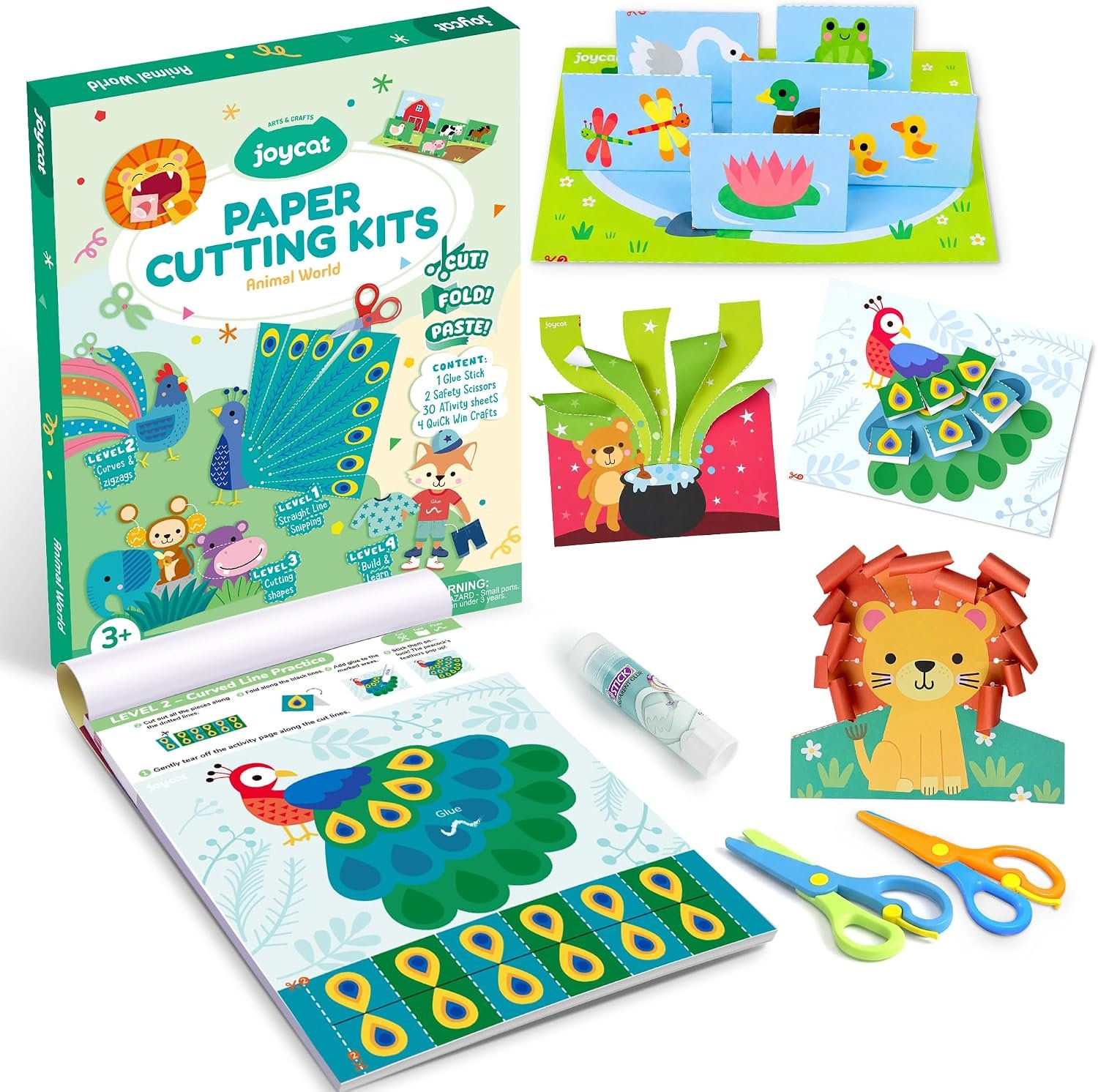 JoyCat Paper Cutting Kits for Kids Ages 3-5, Animal World Scissor Skills Activity Book with 2 Safety Scissors, 30 Activity Sheets, 4 Quick Win Crafts, Glue Stick, Preschool Animal Craft Set for Kids