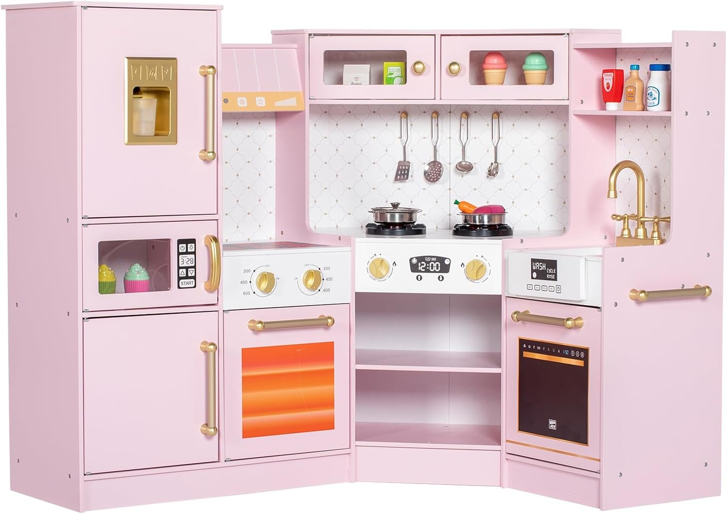 BRINJOY Corner Play Kitchen for Kids, Wooden Toddler Kitchen Playset with Ice Maker, Oven, Sink, Range Hood with Light, Ultimate Pretend Play Toy Kitchen Set Gift for Boys Girls Age 3+, Pink