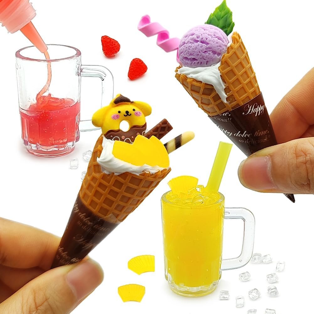 DIY Mini Cream Foods Toy Making Material Kit Kitchen Pretend Play Food Set for Kids Age 8+ Make Your Food (Ice Cream Juice Set)