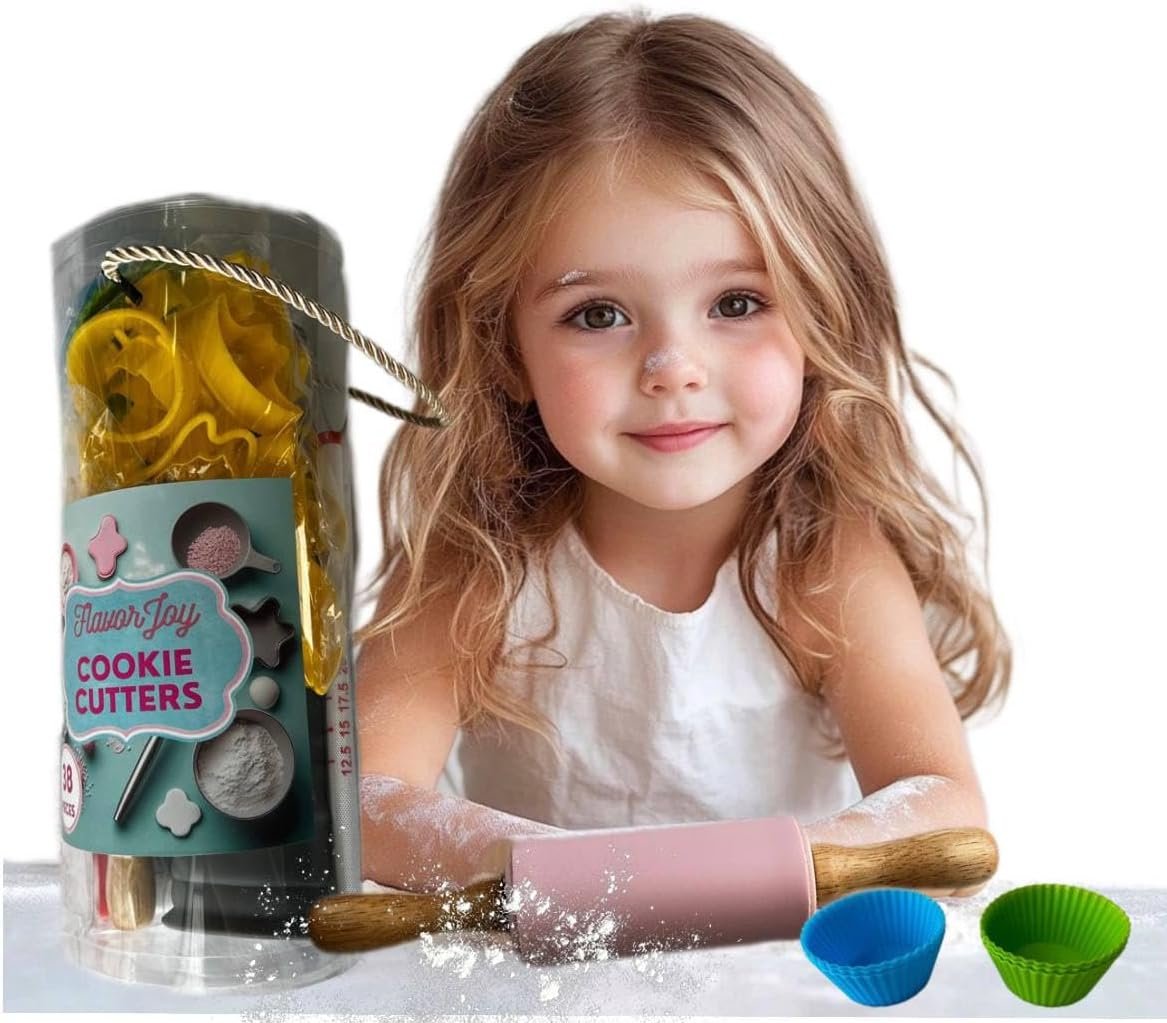 Cookie Baking Cutter Set For Kids – 6 silicon cupcake forms, 24 Assorted Cookie Cutters, Rolling Pin, Silicone Baking Pan, Non-Stick Baking Mat, Fun Activity Gift for Boys and Girls, Age 4+