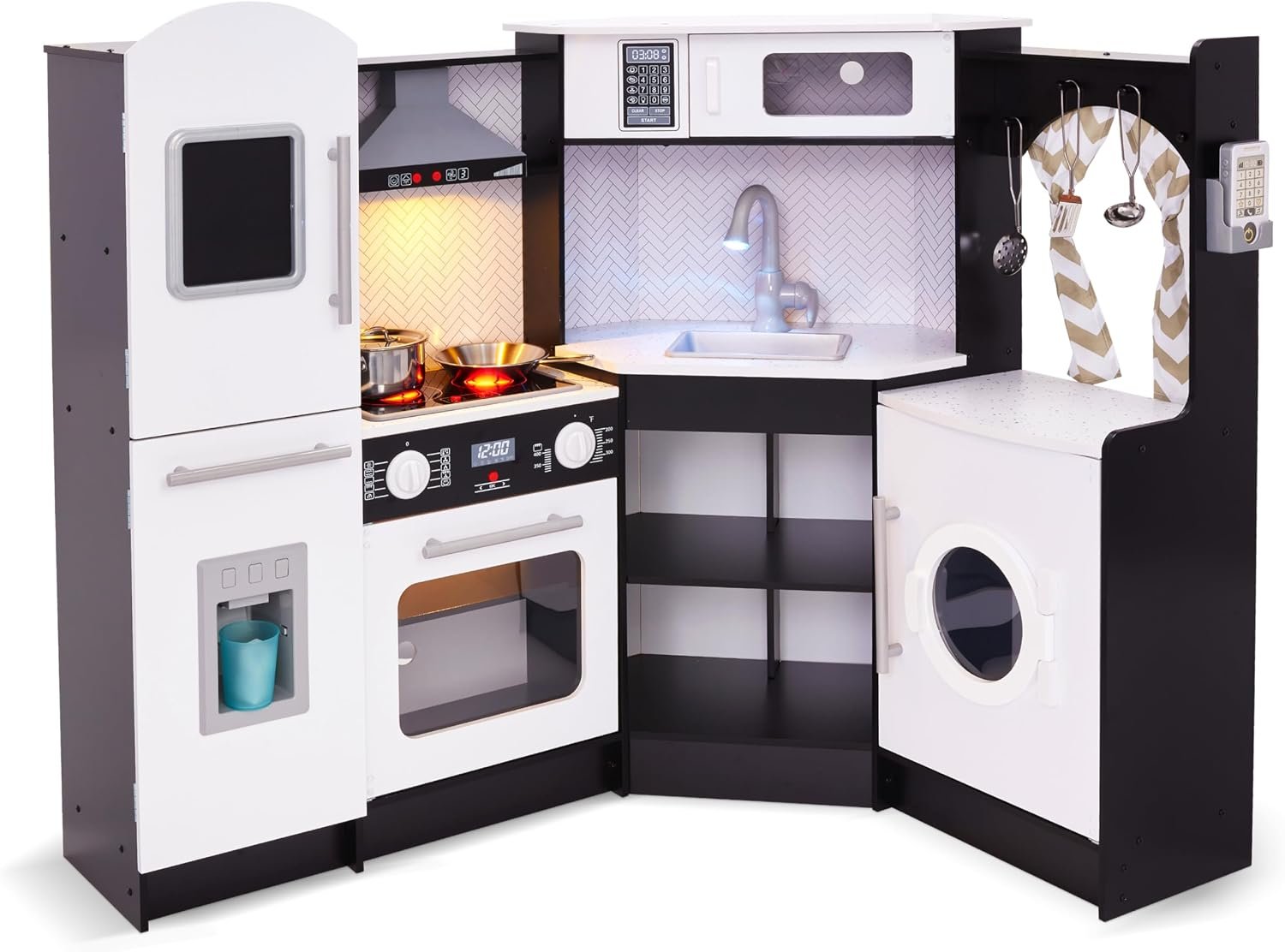 Lil’ Jumbl Corner Wooden Play Kitchen, Icemaker & Stovetop Sounds, Black