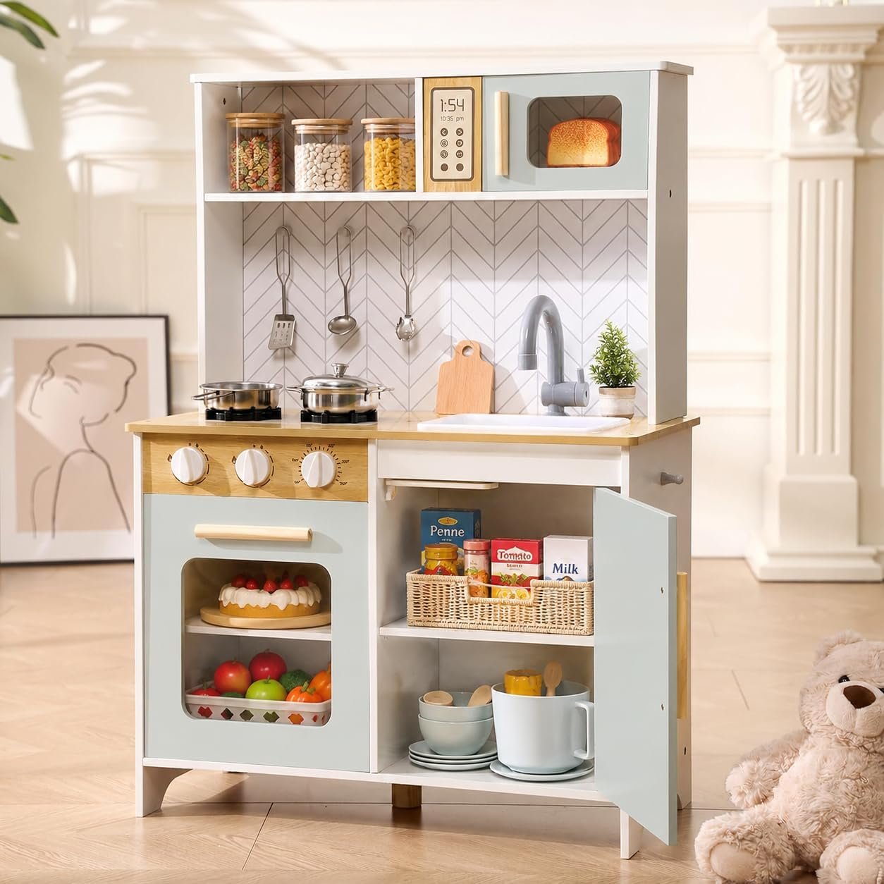 Wooden Play Kitchen for Toddlers, Kids Pretend Play Kitchen Set with Sink, Stove, Microwave & Storage, Montessori Chef Toy Kitchen with Stainless Steel Accessories for Boys Girls