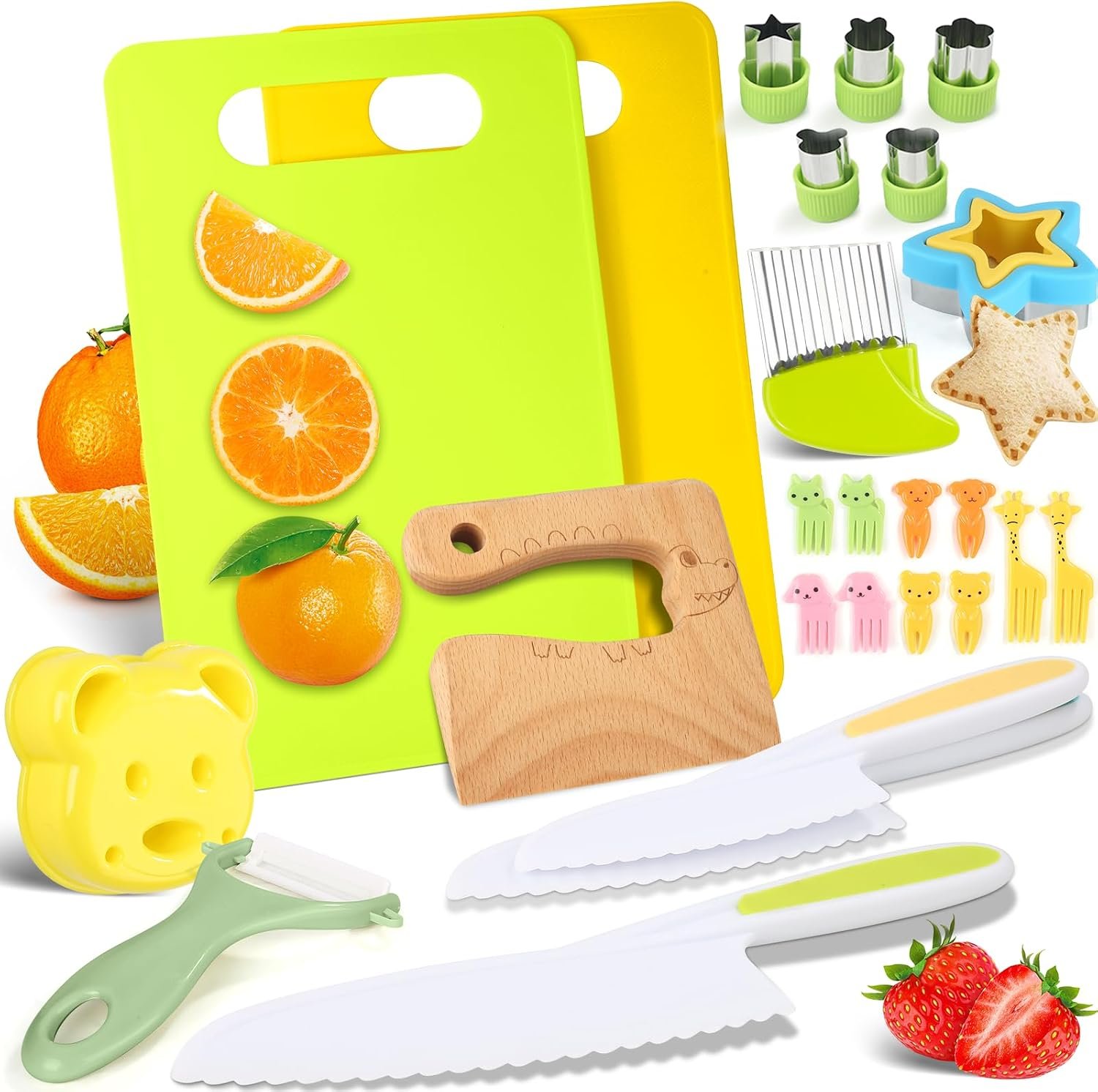 Kids Cooking Sets Real 25Pcs, Toddler Knife Sets, Montessori Kitchen Tools for Toddlers, Kids Kitchen Knife Set with Cutting Board Safe Knives Peeler Sandwich Cutters Crinkle Cutter, for Girls Boys