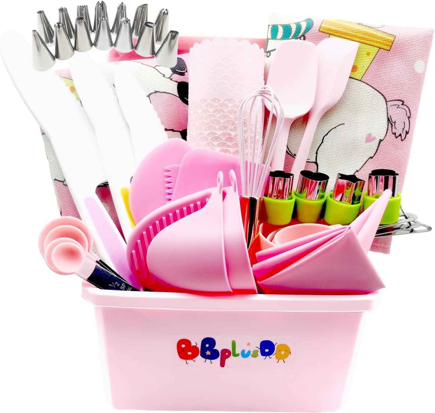 76 Pcs Kids Real Baking and Cooking Sets – Parent-Child Apron Cake Decorating Kit Piping Bags and Tips Set Kitchen Utensils with Storage Case for Child Junior Chefs 3+ (Pink)