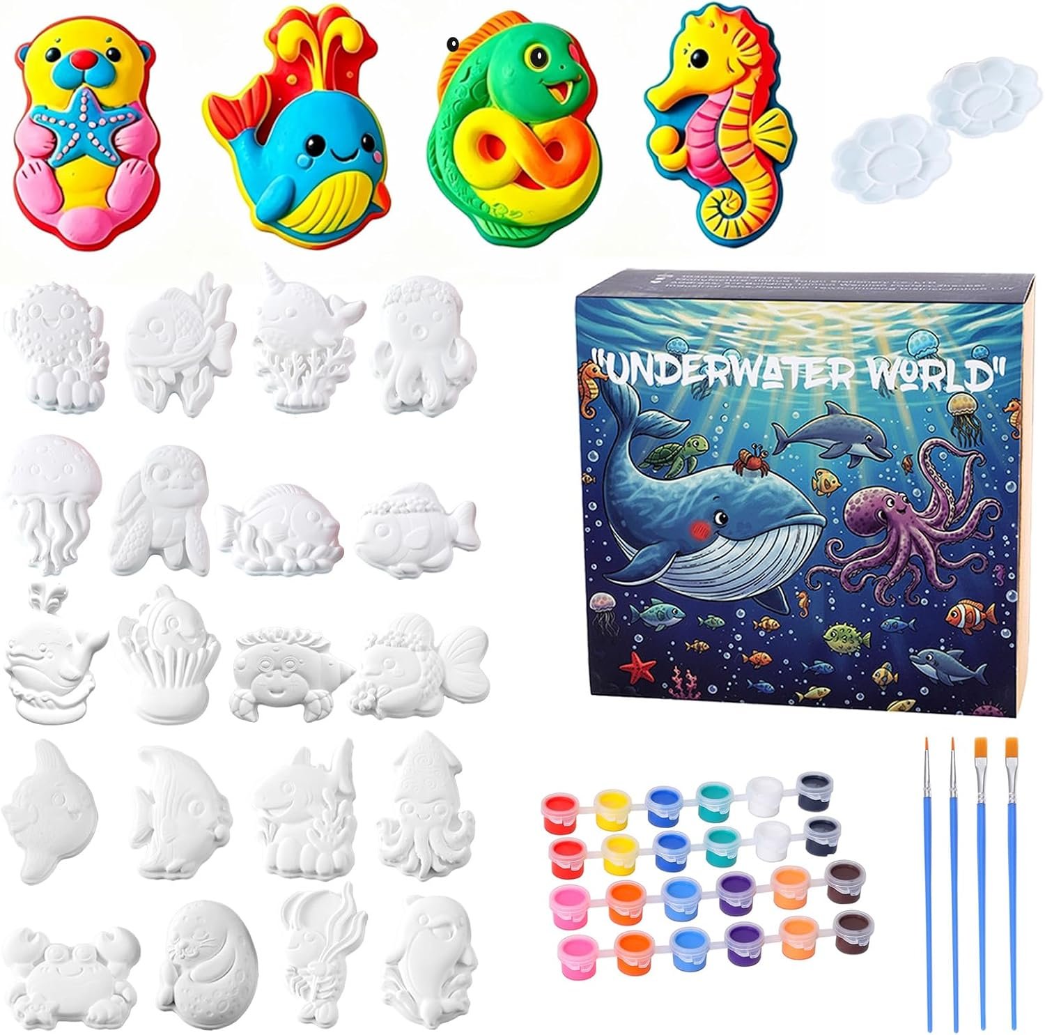 GloomGlo Kids Ocean Theme Paint Set-24 Sea Creatures Plaster Painting Kit with Paint Colors, Brushes & Palettes | Kids Arts Crafts Supplies