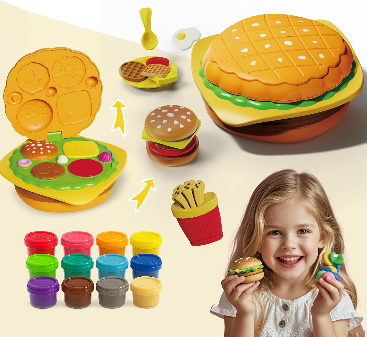 Burger Maker Playdough Set, 12-Color Kitchen Food Playset | Burger Press & Breakfast Molds, 12 Modeling Clay Colors,Clay Creative Pretend Cooking Kits for Boys & Girls Ages 3+