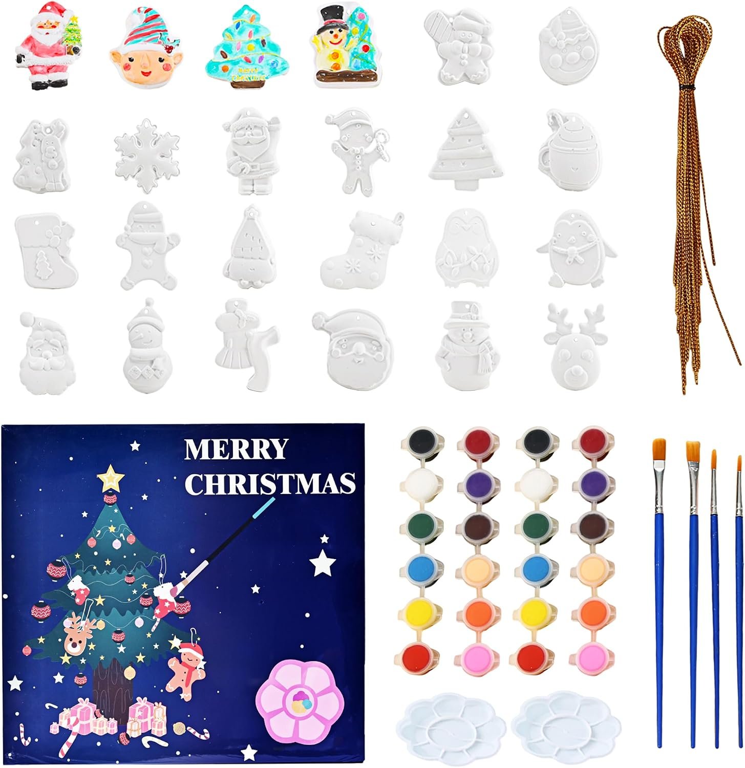 GloomGlo 24Pcs Christmas Plaster Craft Kit for Kids | Unpainted plaster ornaments including snowman & gingerbread man, non-toxic craft supplies for Xmas tree decor