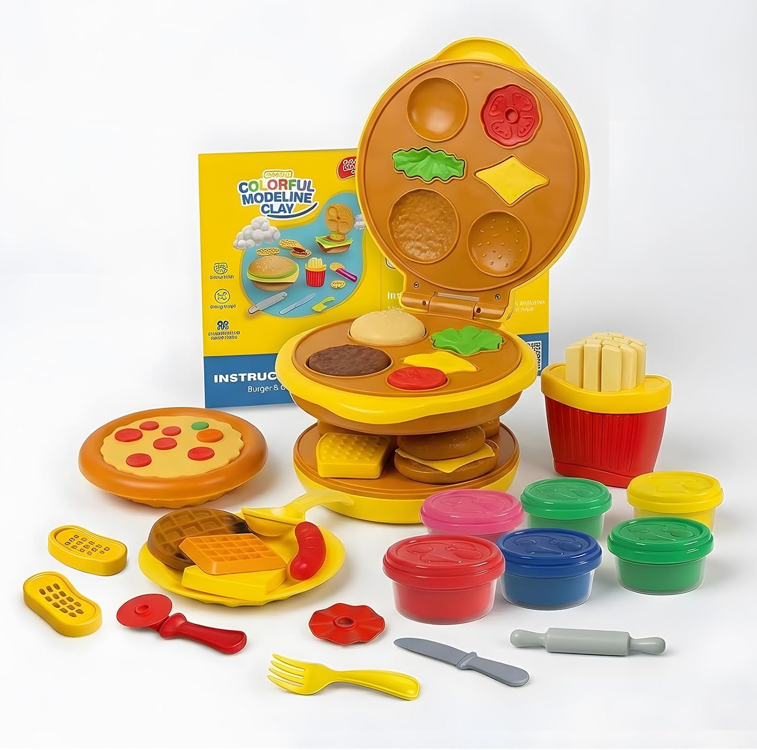 Kids Color Dough Food Play Set, Hamburger Maker Kitchen Tools Kit | Breakfast Modeling Clay Arts, Crafts DIY Playset, Burger Press, Pretend Kitchen Tools for Kids Ages 4-8