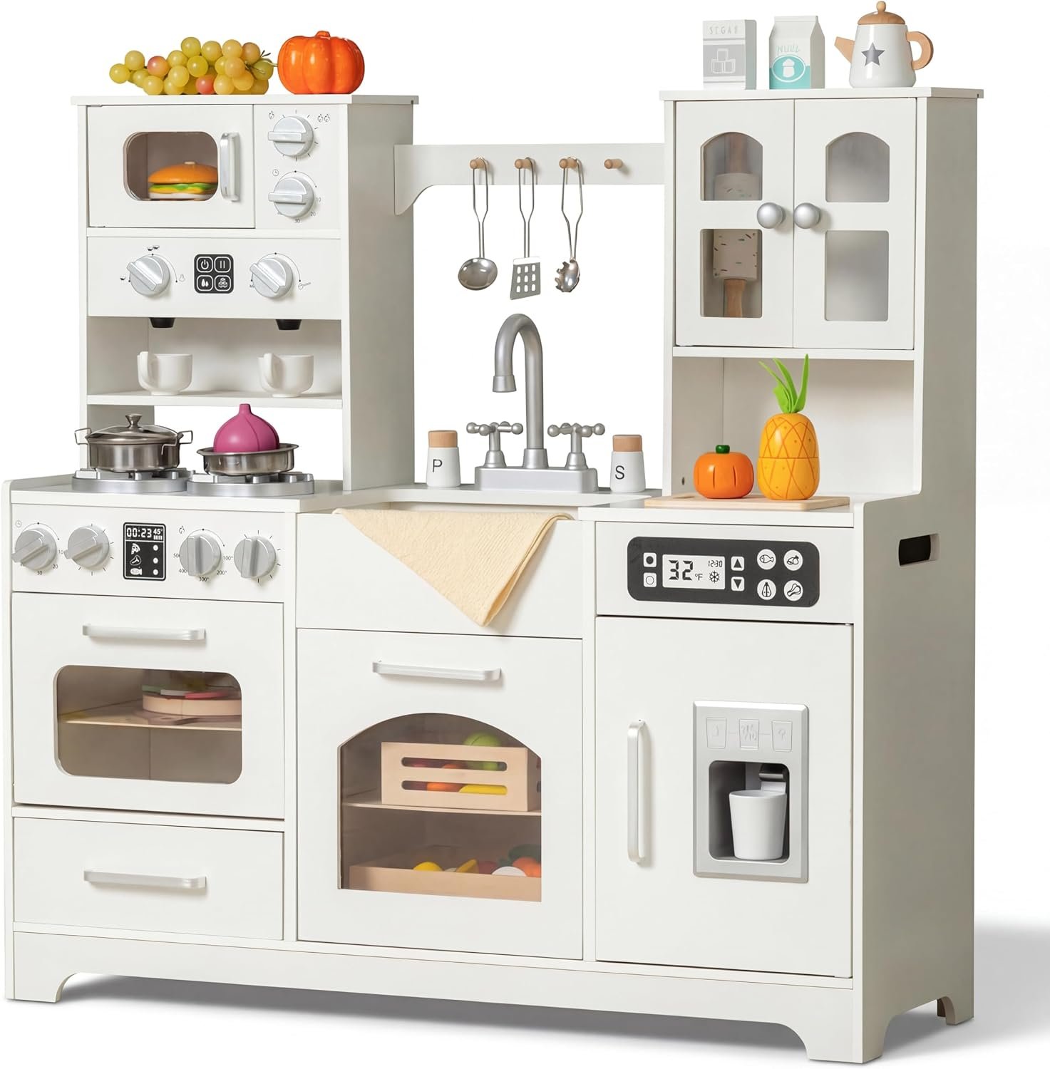 Wooden Play Kitchen with Real Lights & Sounds, Modern Kids Kitchen Playset | Coffee Maker, Ice Maker, Stove, Sink, Oven, Cabinets & 12 Accessories for Cooking, Drink-Making, Serving and Cleanup, Ages 3+