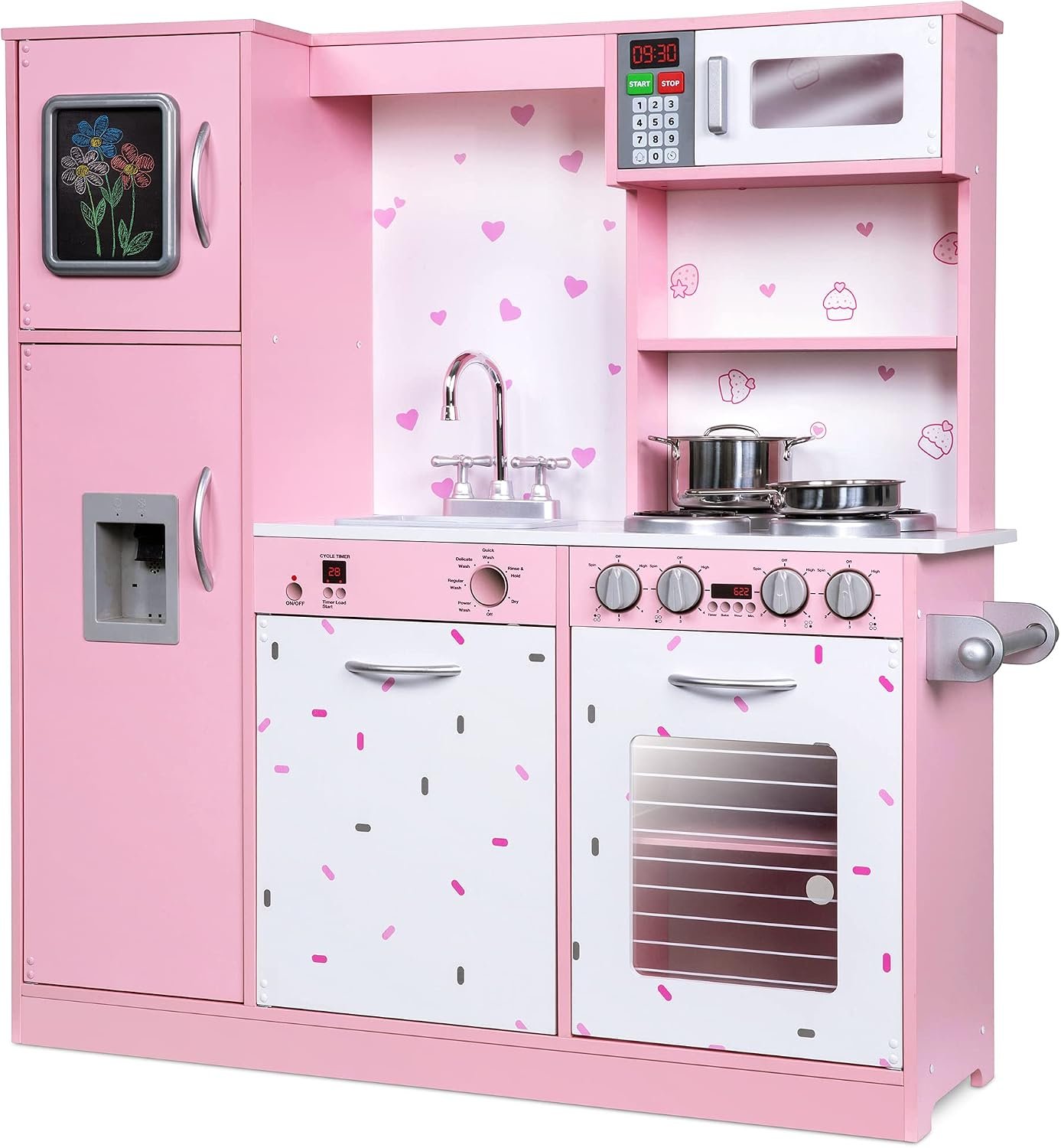 Lil’ Jumbl Wooden Play Kitchen Set for Kids Ages 3+, Microwave Sounds, Pink