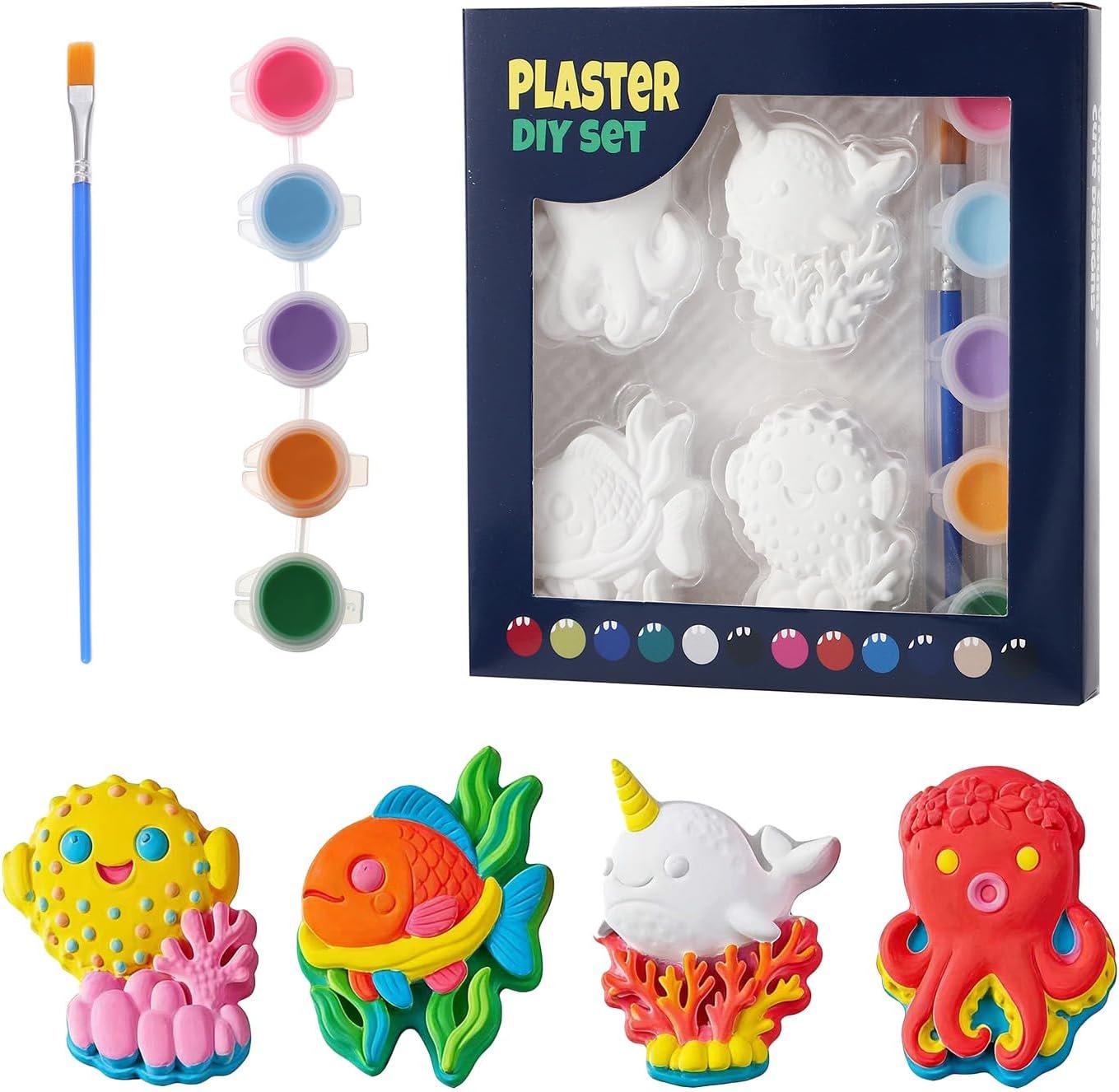 GloomGlo 4Pcs Sea Creature Plaster Paint Kit for Kids | Unpainted sea creature plaster figurines: octopus, narwhal, goldfish & pufferfish, fun DIY coloring art craft gift for kids