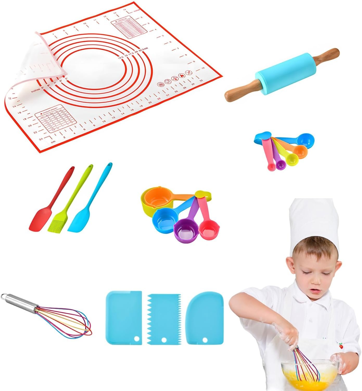 Set of 19 Kids Cooking & Baking Set with Kids Pastry brush,Kid Safe scraper & Cooking Tools – Egg white mixer tool,Melon ball spoon,Rolling pin,Measuring spoon, Baking Set Gift for Girls & Boys