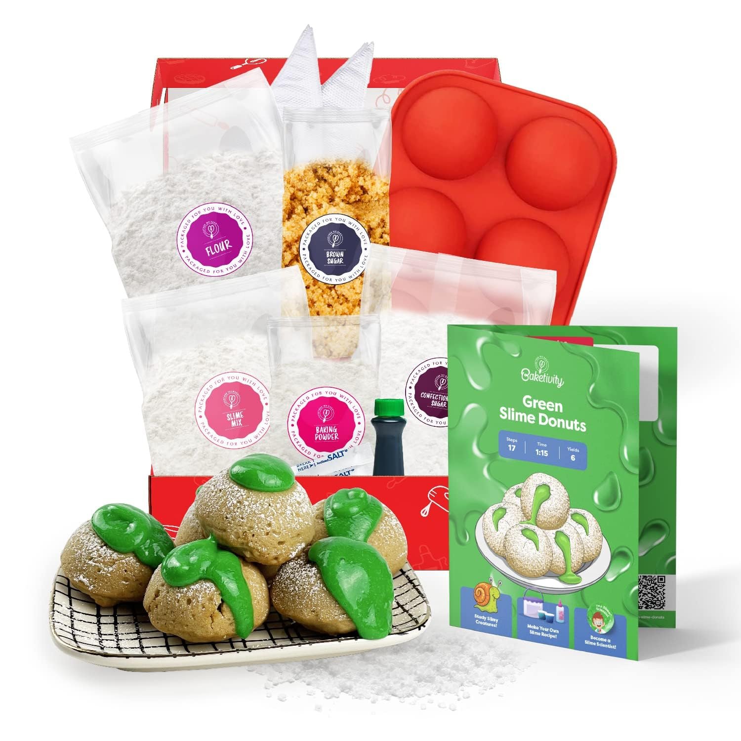 Baketivity Green Slime Donuts Kids Baking Kit with Pre-Measured Ingredients | Makes 6 Donut Balls with Edible Slime, Donut Mold, Activity Book, Baking Recipe, and Creative Kitchen Adventure for Ages 6-12