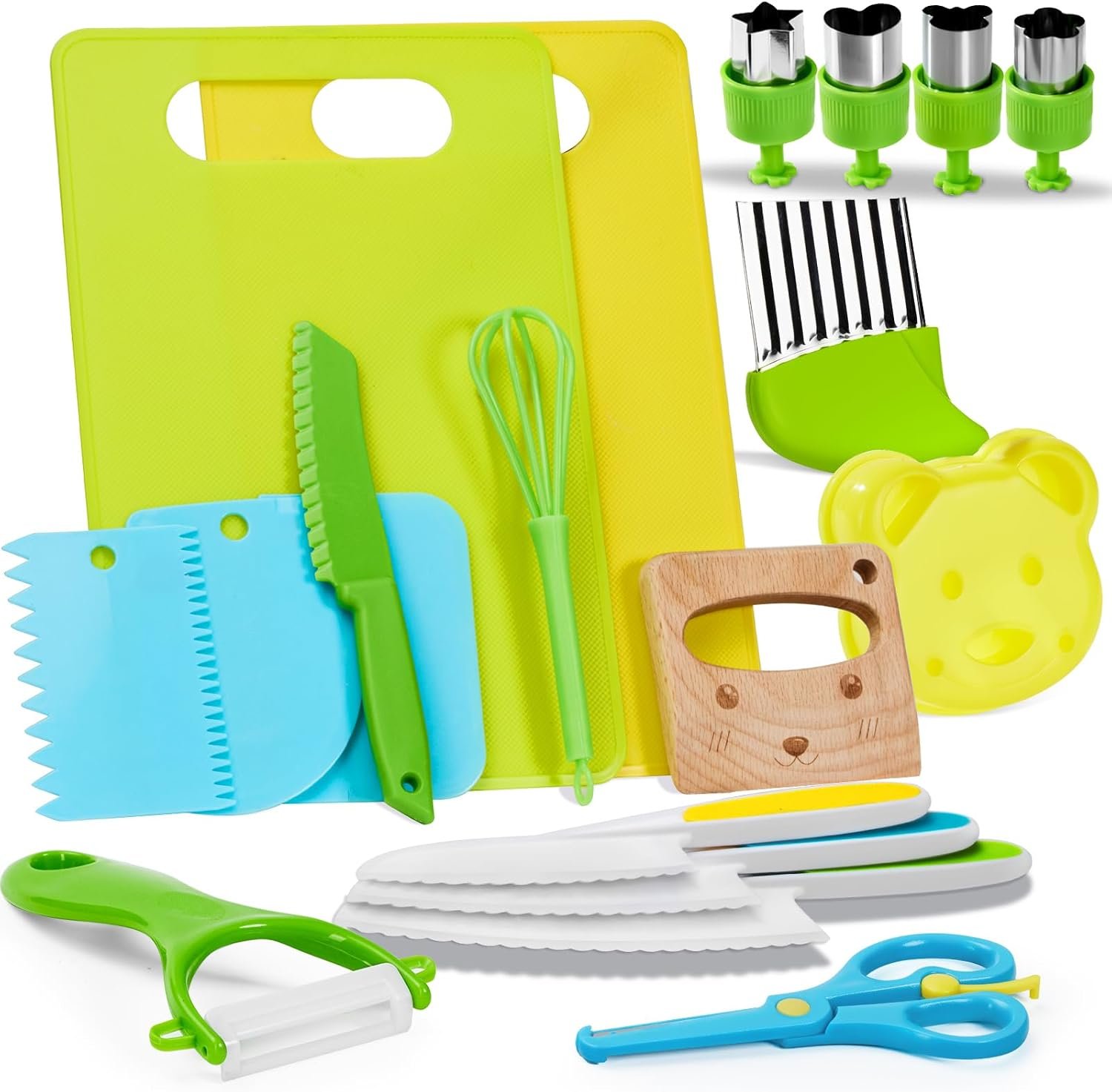 Olanrun Kids Safe Knife Set for Real Cooking | 19-Piece Toddler Knife Cooking Set | Montessori Kitchen Tools Toys Ages 3–12 | BPA-Free, Dishwasher-Safe | Christmas, Birthday, Stocking Stuffer Gifts