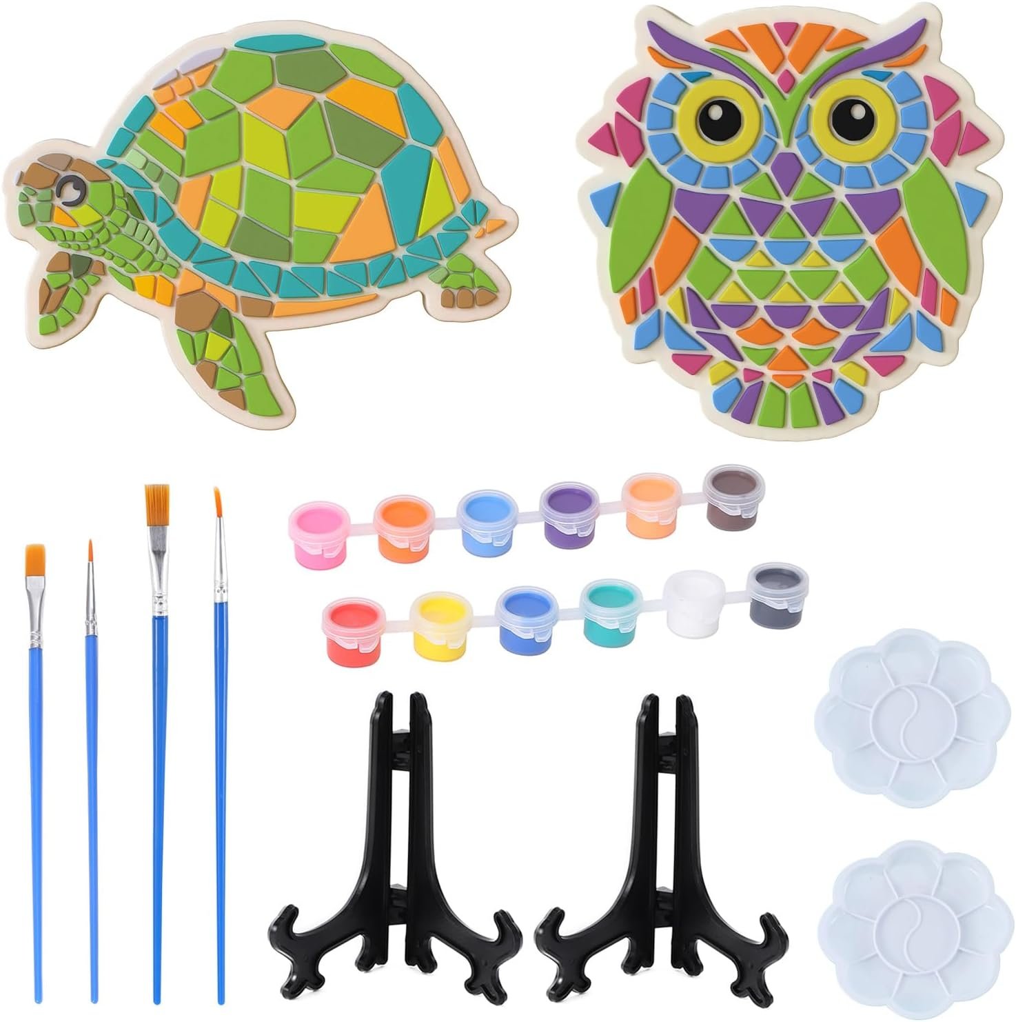 GloomGlo Mosaic Owl & Turtle Plaster Craft Kit | DIY plaster craft set, comes with 12 acrylic paints, brushes and palette for children handmade activities