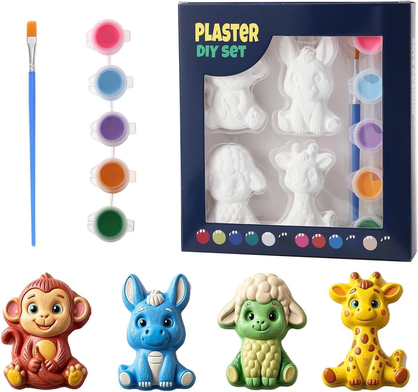 GloomGlo 4Pcs Jungle Animal Plaster Paint Kit for Kids | Unpainted jungle animal plaster figurines: monkey, donkey, sheep & giraffe, kid-safe DIY coloring craft