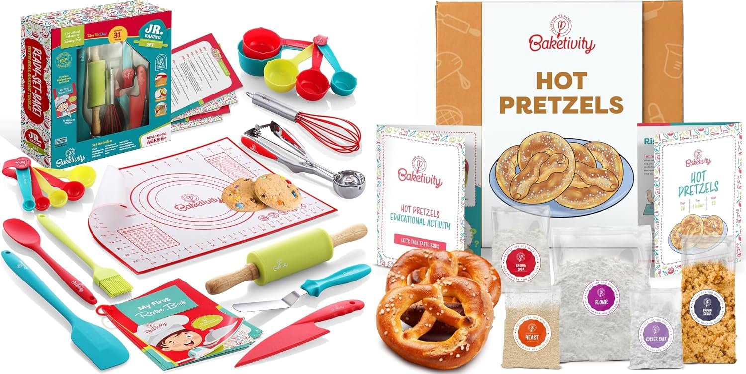 Baketivity Kids Baking Set & Pretzel Making Kit Bundle – 31-Piece Real Kitchen Tools with Safe Kids Knife + Pretzel Baking Kit with Pre-Measured Ingredients – Fun Cooking Gift for Ages 6-12